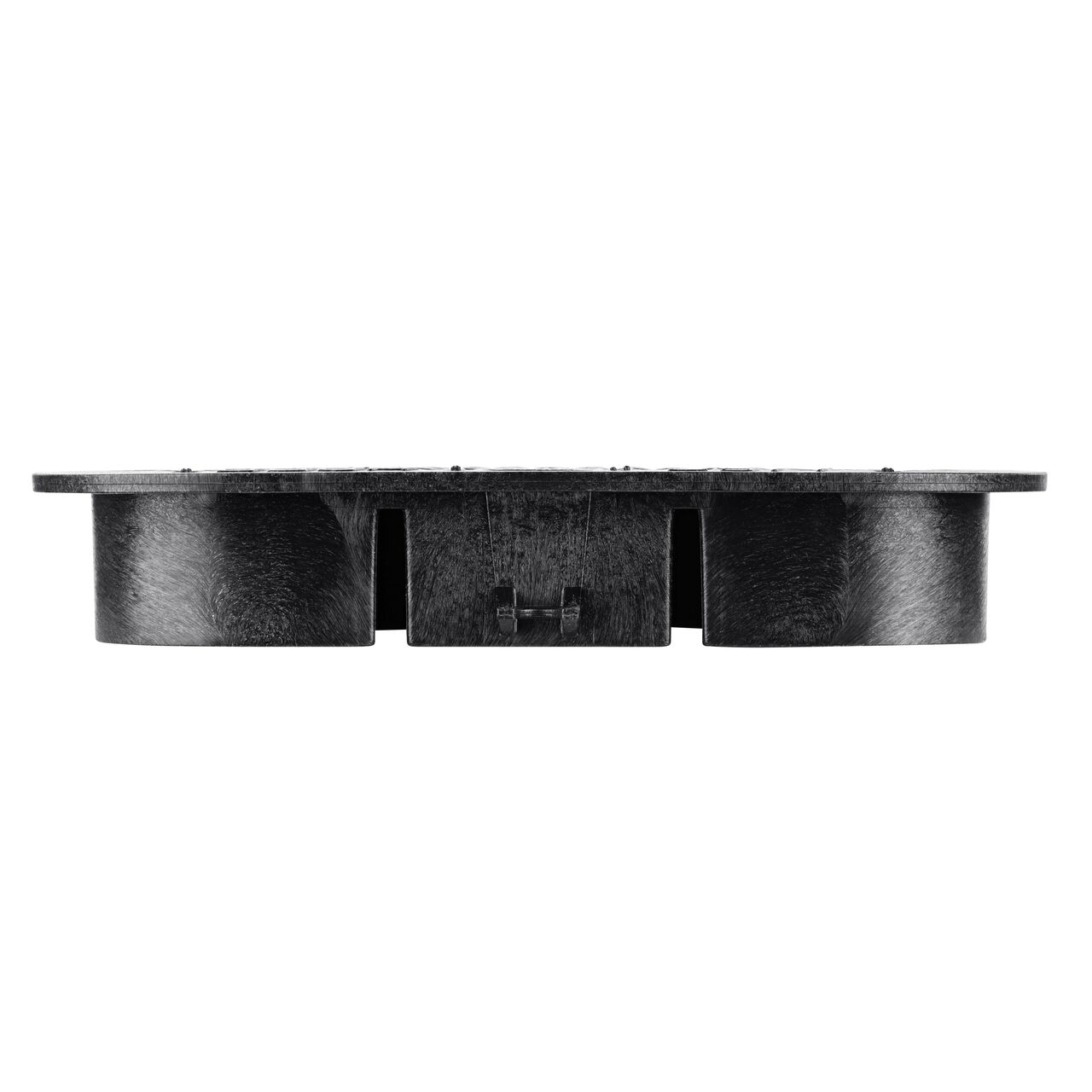 The NDS 14 in. X 19 in. Rectangular Pro-Spec® Series Black Irrigation Control Valve Box Cover (NDS 313CBLK) is an overlapping lid shown here from the side, that prevents dirt and debris from entering the valve box