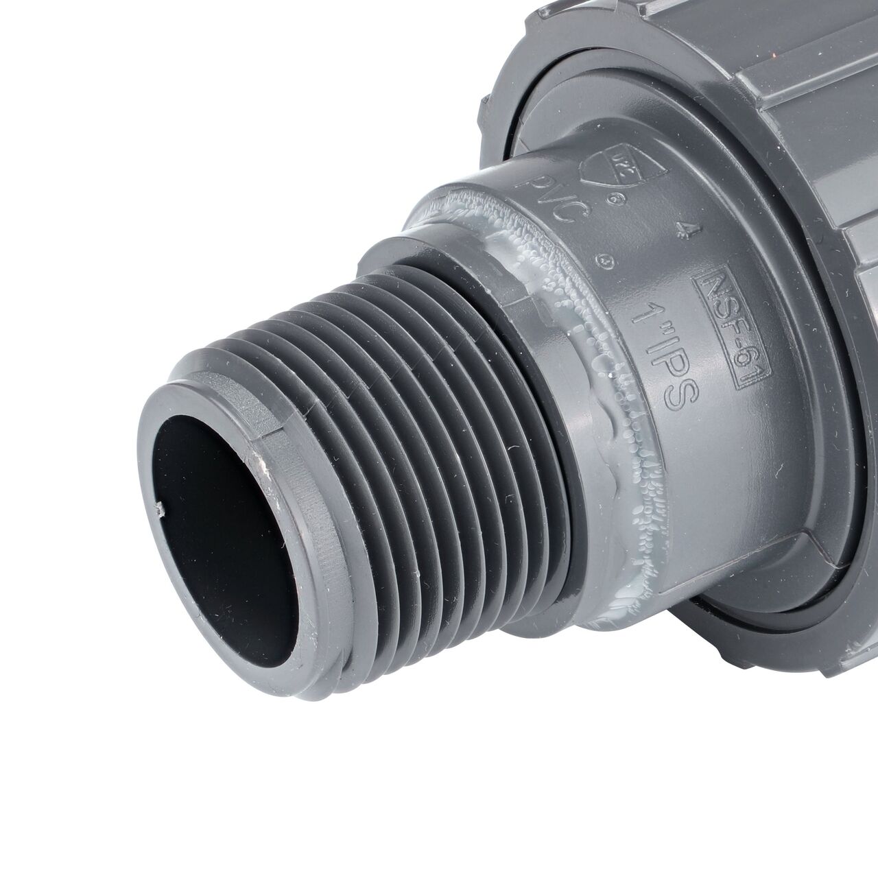 Closeup view of the threaded MPT end on the NDS 1 in. PVC Union (NDS U-1000-SM) used to connect pipes and provide a quick way to separate pipes when needed