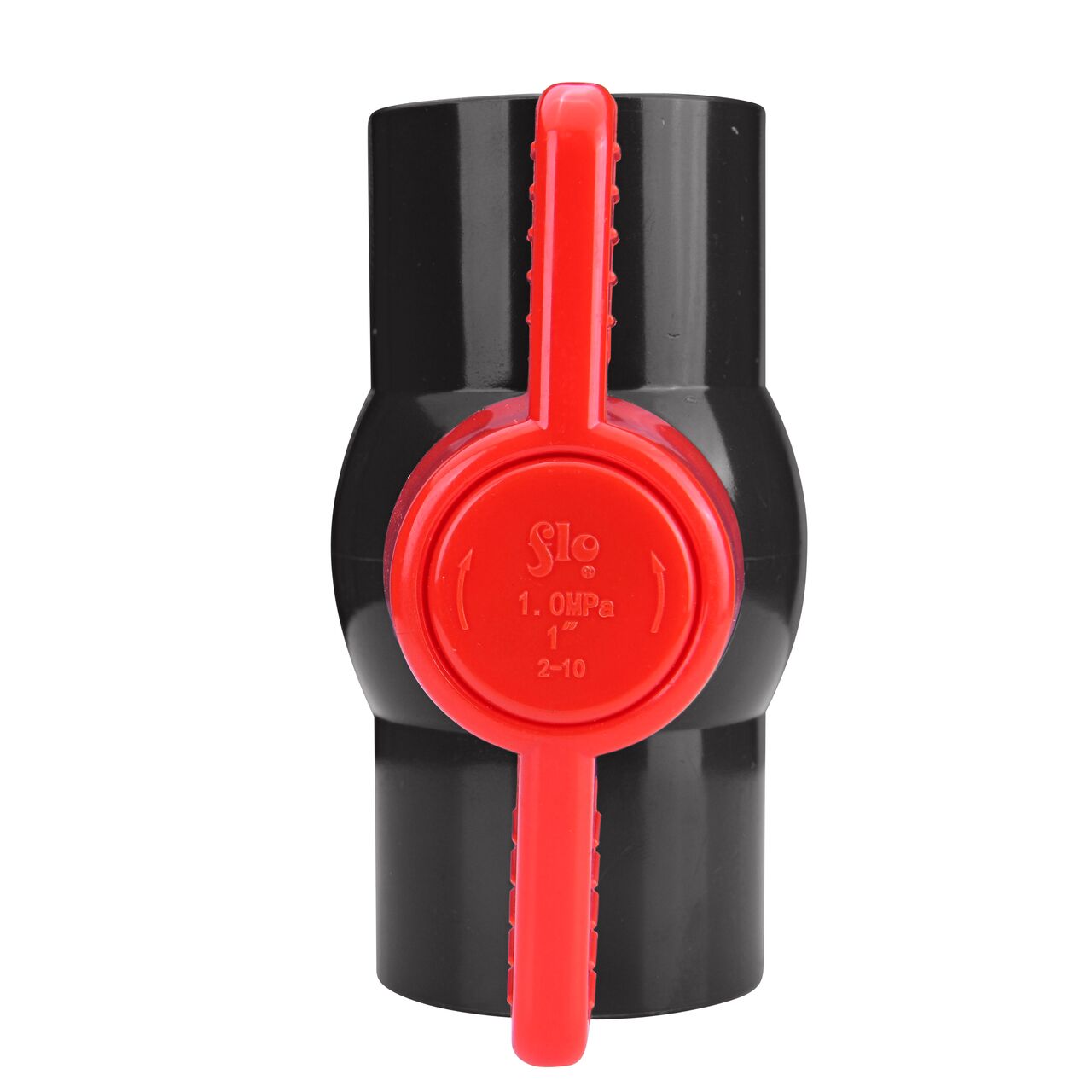 A closeup of the NDS IPS Ball Valve shows that the product fits 1 in. pipe for irrigation or other pressurized system (NDS E1610-10)