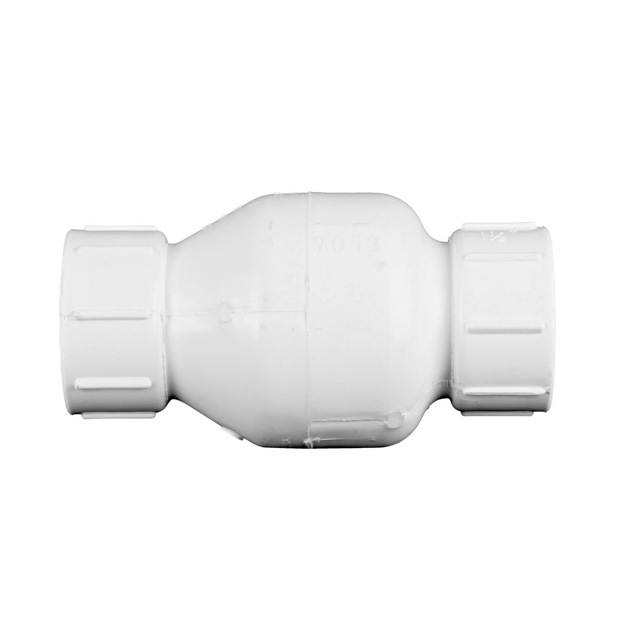 Side to side view of the NDS White 1-1/2 in. IPS FPT X FPT PVC Adjustable Spring Check Valve with 3-1/2-50 lb. Spring (NDS 1205-15)