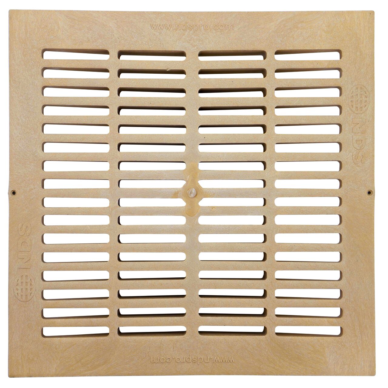 Top down view of NDS 18 in. Square Catch Basin Drain Grate, Sand Plastic (NDS 1812S) showing the grate design