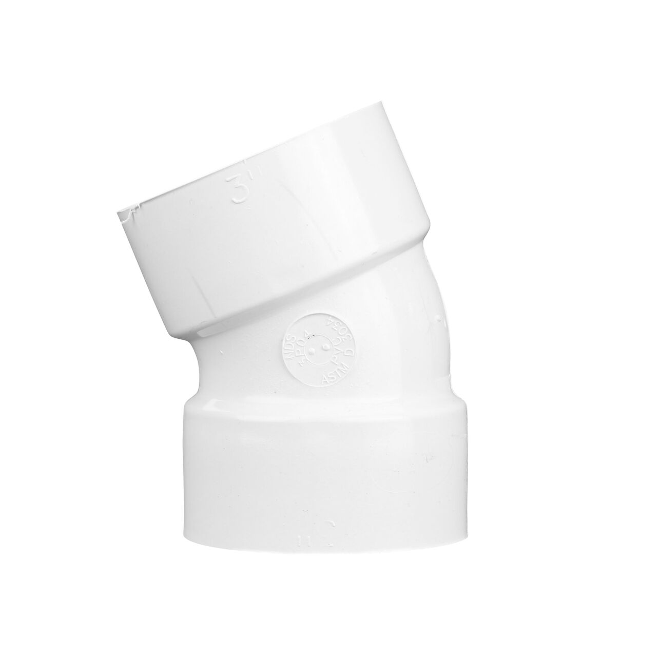 Side View of PVC 22.5° elbow, connects 3 in. Sewer and Drain pipes, Hub X Hub connection (NDS 3P04)