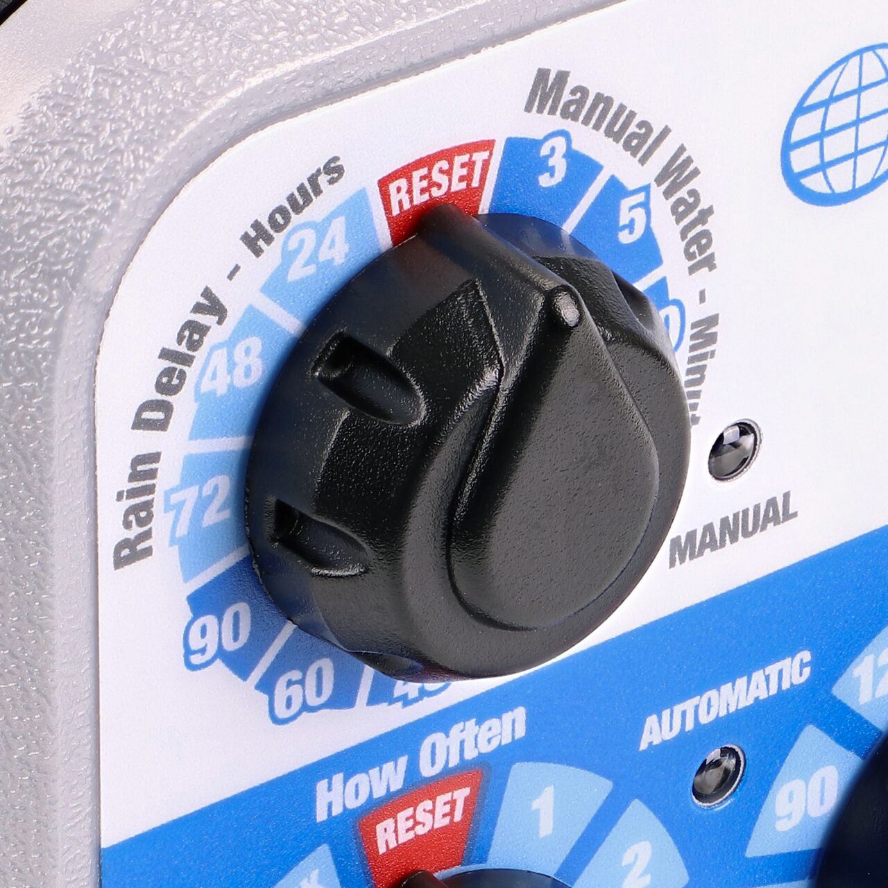 Manually water as needed or set up rain delay for up to 3 days with the NDS Automatic Water Timer (NDS A675CT) manual override dial