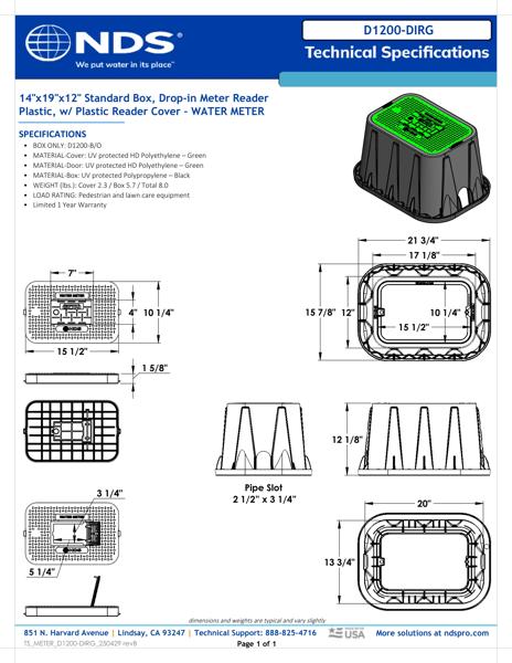 NDS 14 in. X 19 in. Rectangular D1200 Meter Box and Drop-in Cover, 12 in. Height, Black Box, Green Water Meter Cover with Plastic Reader Tech Spec