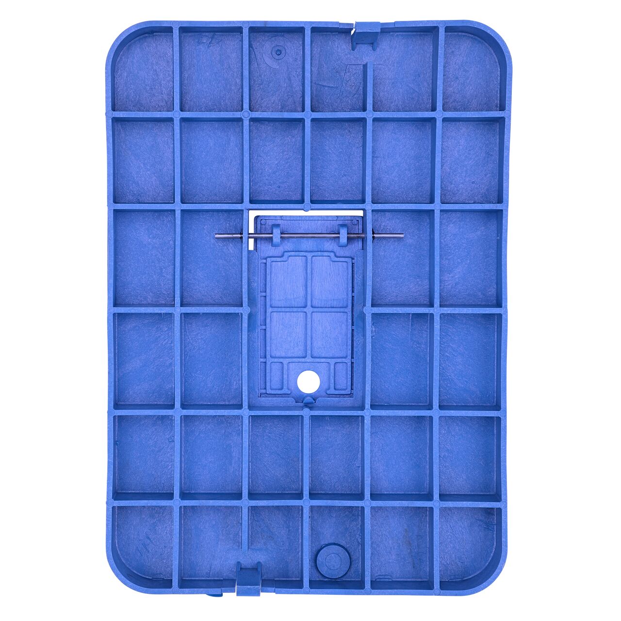 Top down view of the underside of the Blue Water Meter cover (NDS D1500-DIRBLU) for the NDS 13 in. X 20 in. Rectangular Standard Series meter box showing reinforcing ribs that help support pedestrian and lawn care equipment and hinged Plastic reader door