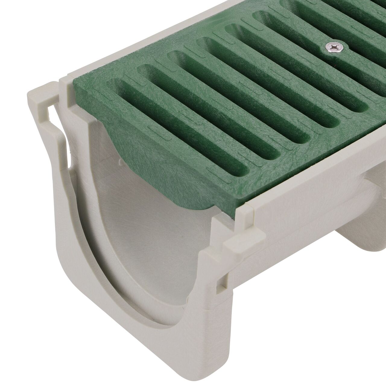 Closeup View of the green plastic Dura Slope™ Channel Drain Grate (NDS 662) installed on the Dura Slope Channel Drain (NDS DS-091)
