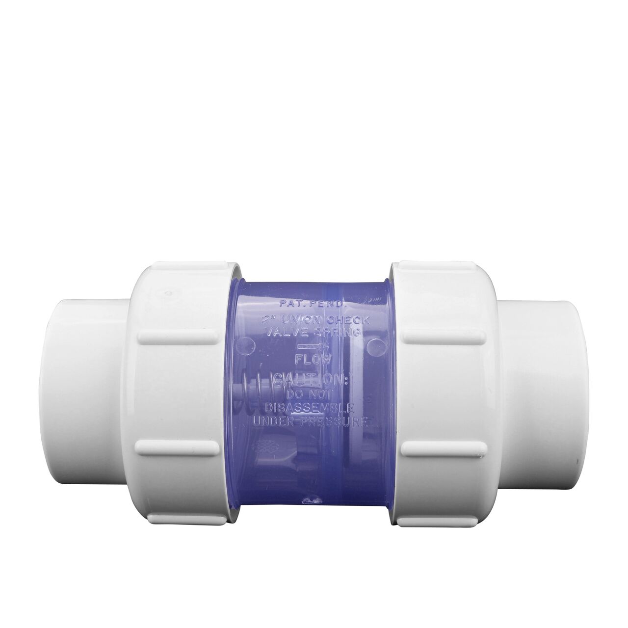 Side view of the NDS Clear 2 in. IPS slip by slip PVC Compact True Union Spring Check Valve With 5 lb spring (NDS 1795C20)