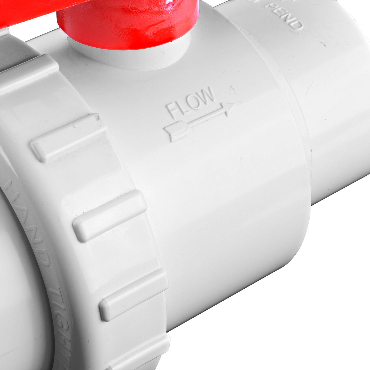 Closeup of the outside arrow showing water flow direction on the NDS White 2 in. IPS U X S Checkmate PVC Swing Check and Ball Valve Combination (NDS 2200-20)