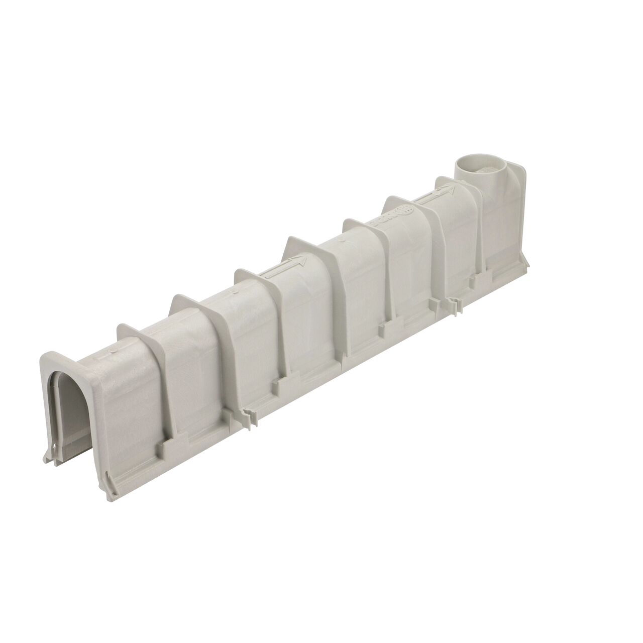 Bottom shot of the NDS 8.37 in. to 8.70 in. Deep Dura Slope Channel (NDS DS-104), shows bottom outlet