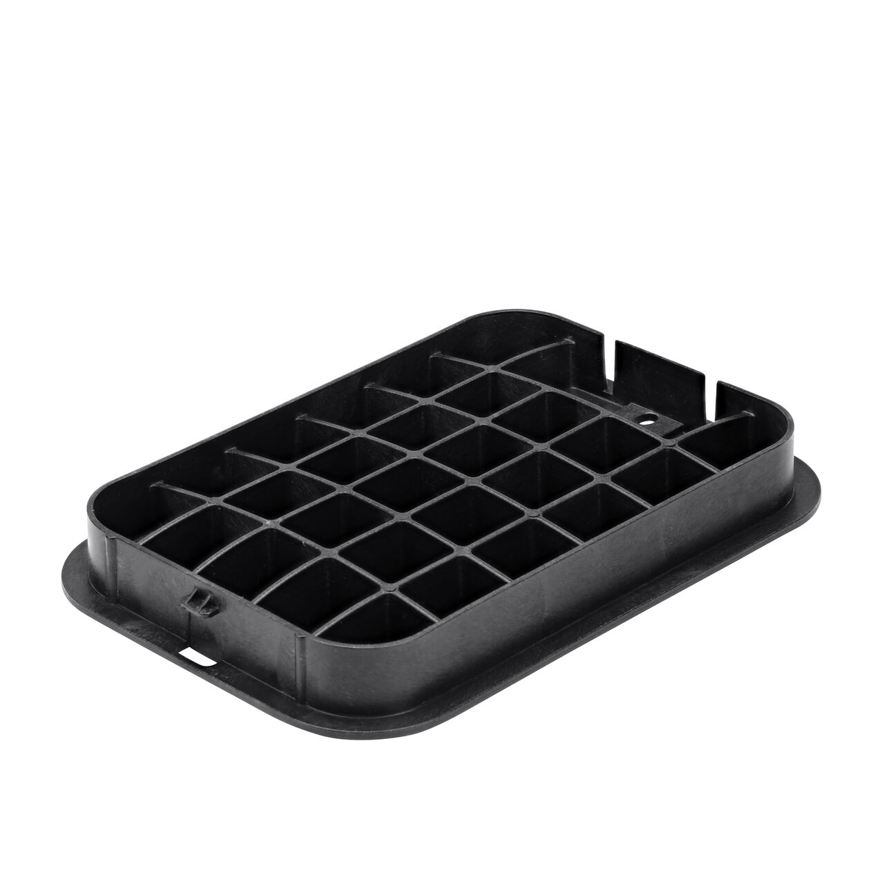 Bottom view of the reinforced ribs on the NDS 14 X 19 in. Black Reclaimed Water cover (NDS 313CRBLK) that fits the NDS 14 in. X 19 in. Pro-Spec® Series Valve Box