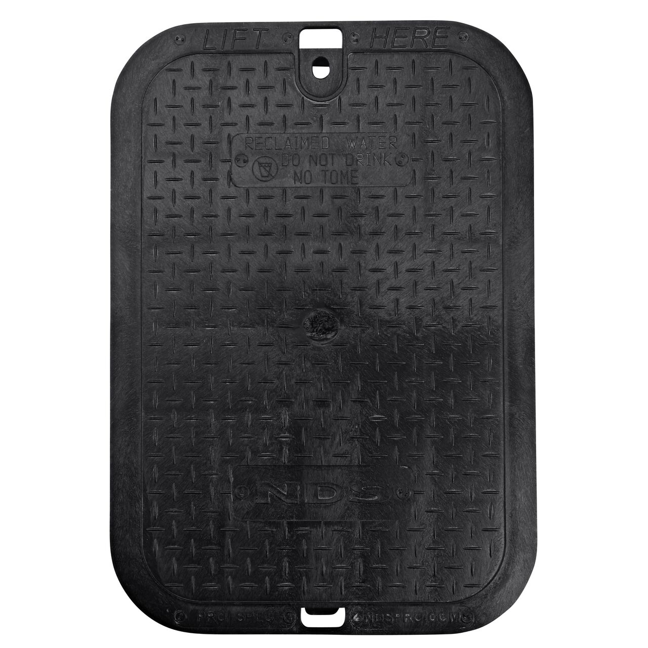 Top down view of the top side of the Black Reclaimed Water cover for the NDS 14 in. X 19 in. Rectangular Pro-Spec® Series (NDS 313BCBRBLK) shows markings for easy identification