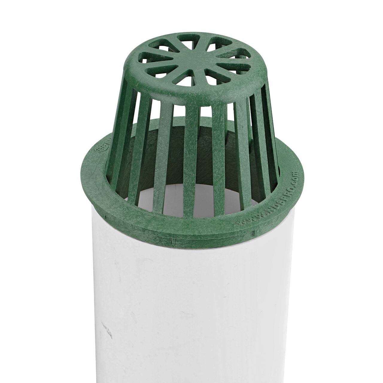 NDS Green Plastic 4 in. Atrum Grate (NDS 75) installed on 4 in. S&D pipe