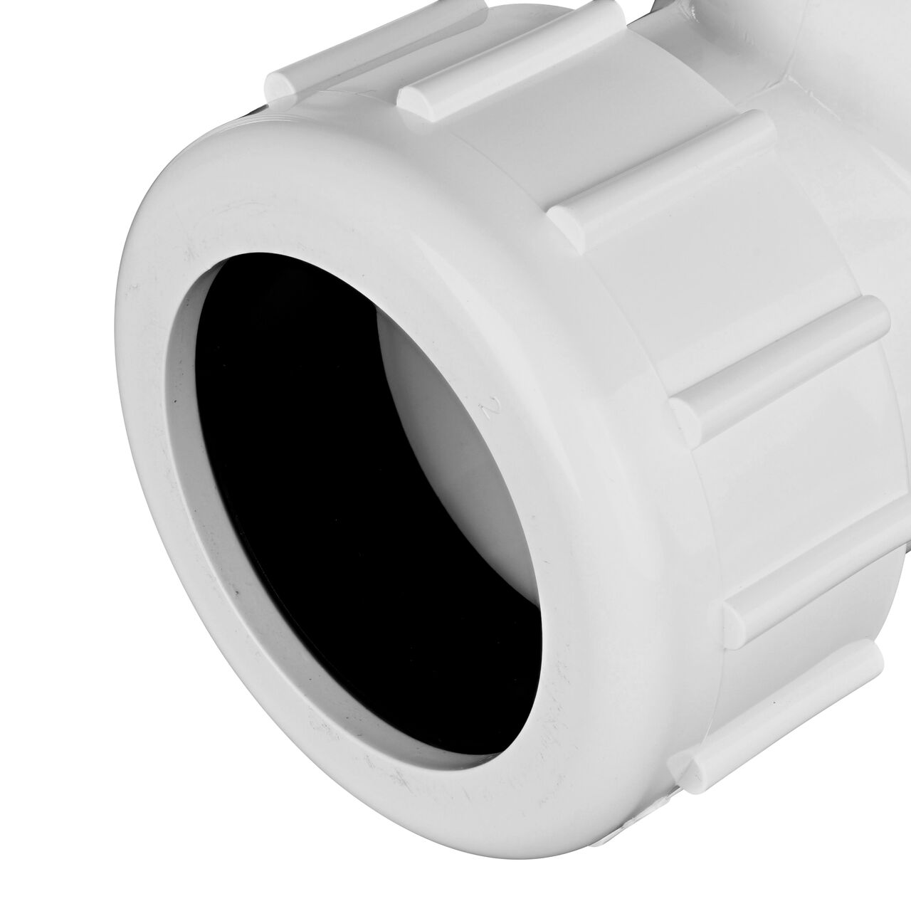 Closeup view of the NDS PVC Threaded Tees showing the compression end with 2 in. adjustable nuts that secured in place which reduces pull-out from pipe (NDS CPT-2000-S)