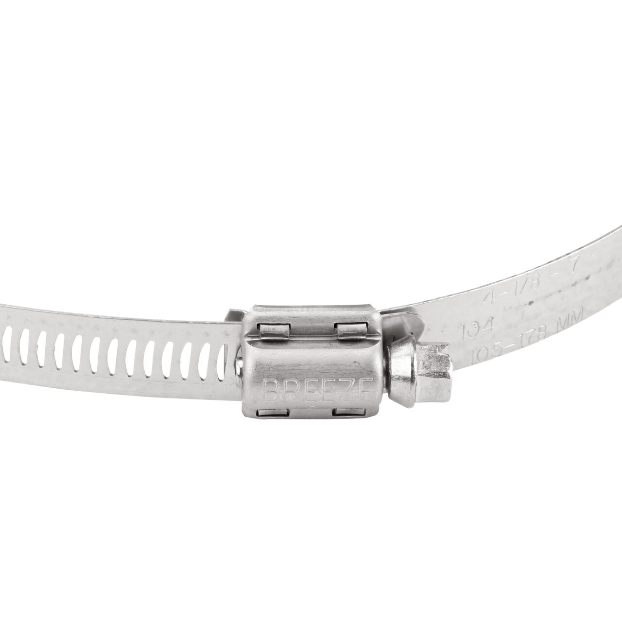 Closeup view of the two-piece clamp housing made of Series 300 Stainless Steel on the NDS SAE 104 Worm Drive Hose Clamp with Aero Seal 1/2 in. band width (NDS 64104H)