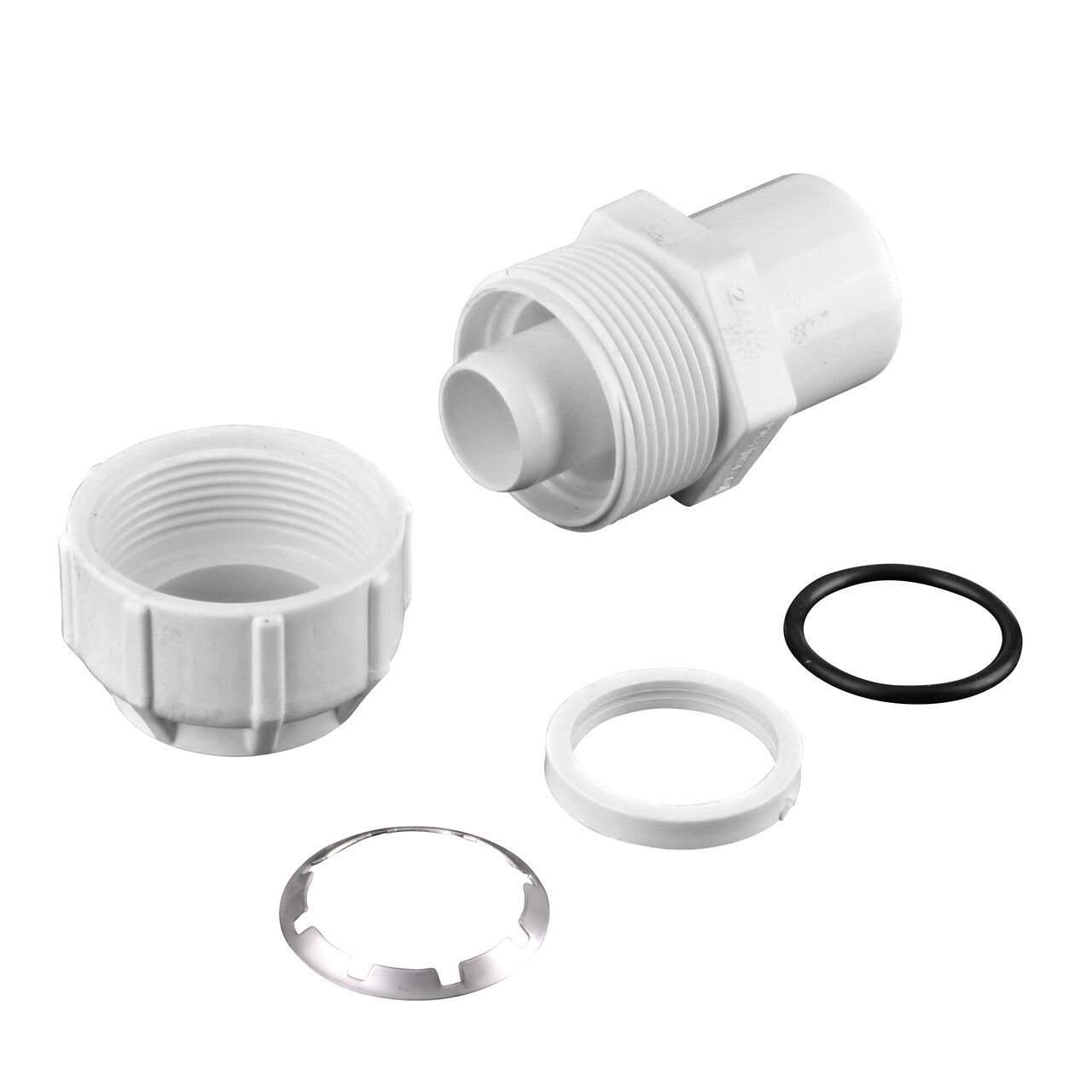The NDS 1-1/4 in. IPS Spigot X 1-1/4 in. SDR-9 CTS Flo-Lock™ Gripper Adapter fully unassembled showing the steel gripper, EPDM O-Ring and stiffner (NDS 733-12)
