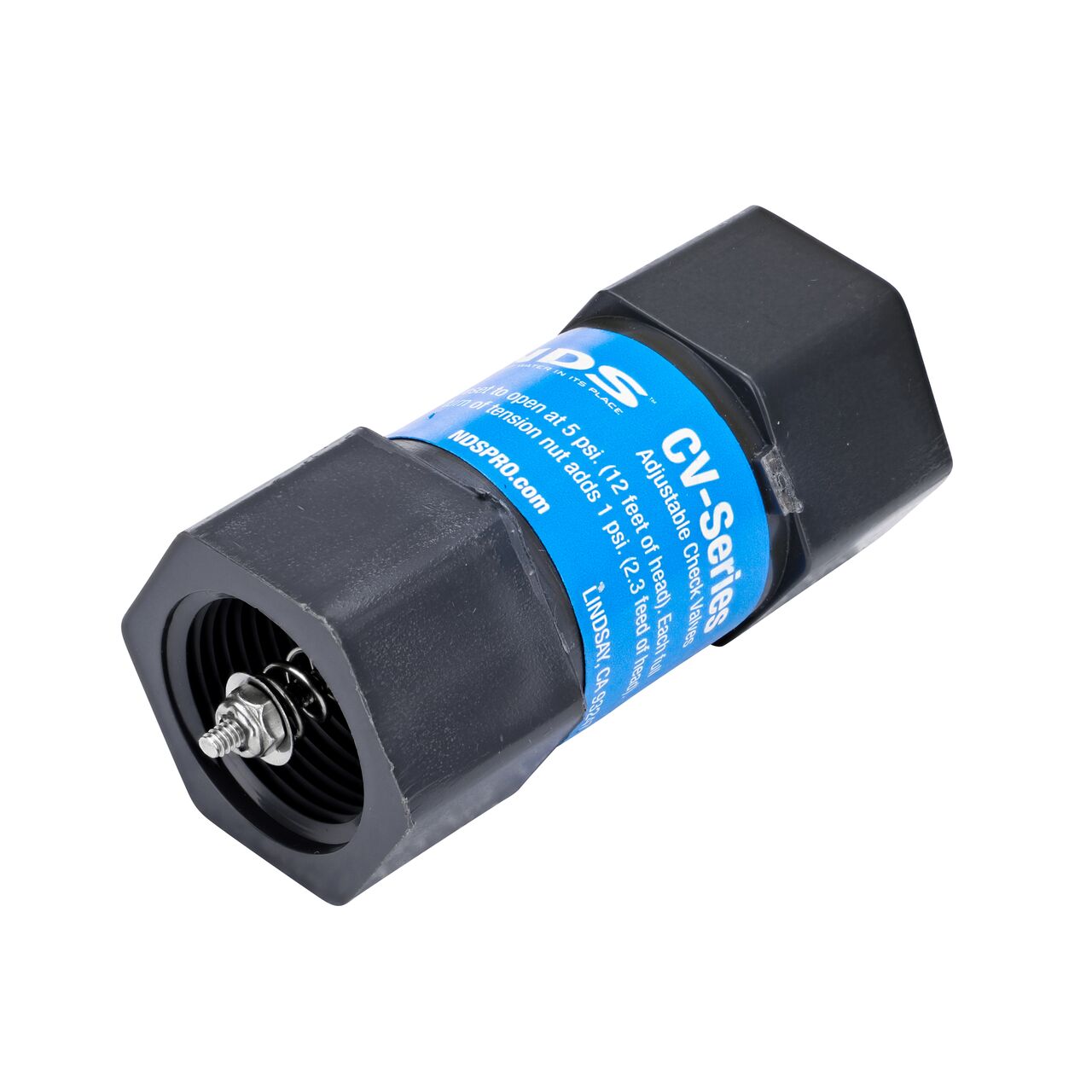 The female end of the NDS Gray 3/4 in. IPS FPT X FPT PVC Adjustable Inline Spring Check Valve (NDS CV-0750-FF) has a nut on end to adjust the 5 lb spring tension