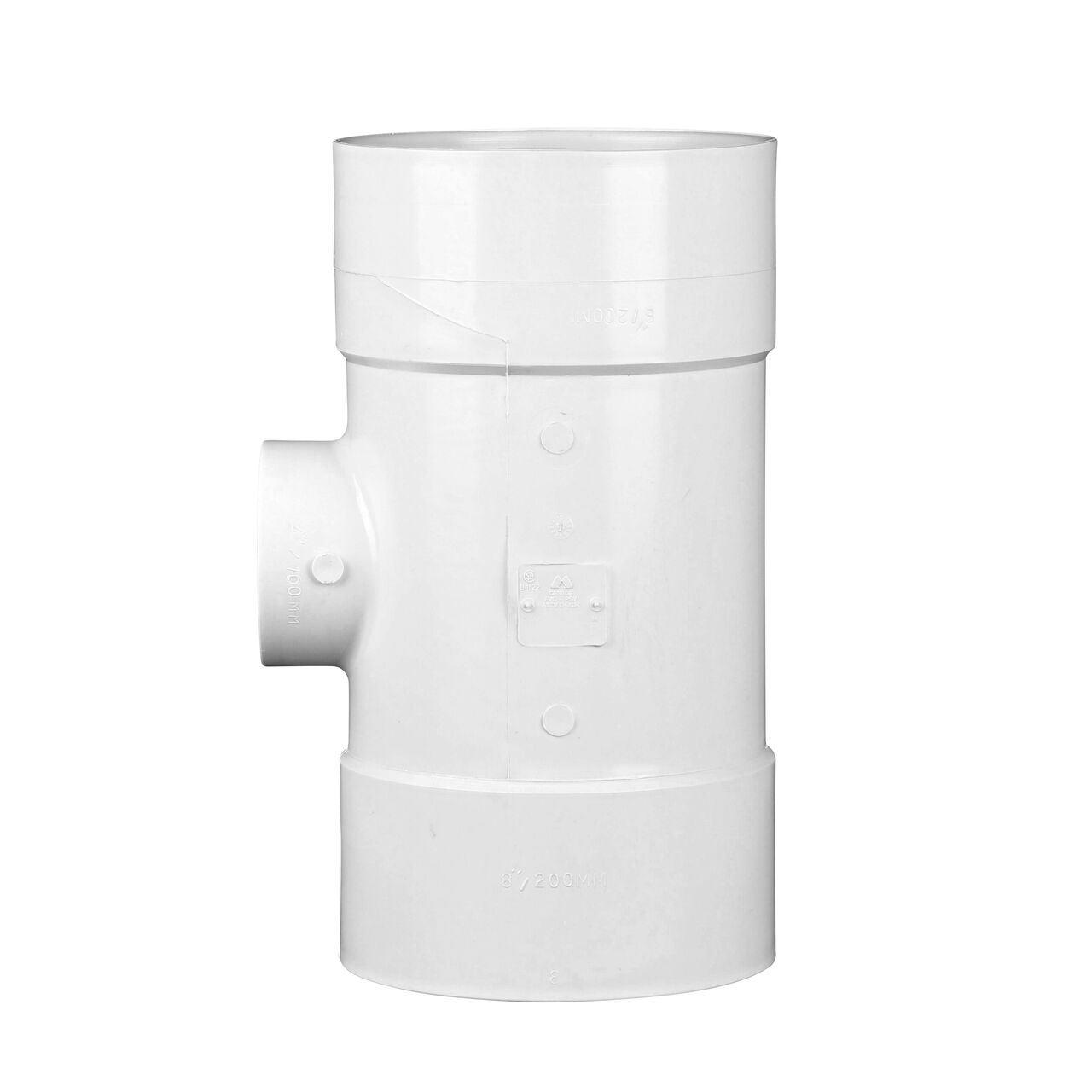 Side View of the PVC tee for Sewer and Drain pipes; 8 in. Hub X Hub X 4 in. Hub connection (NDS 84P01)