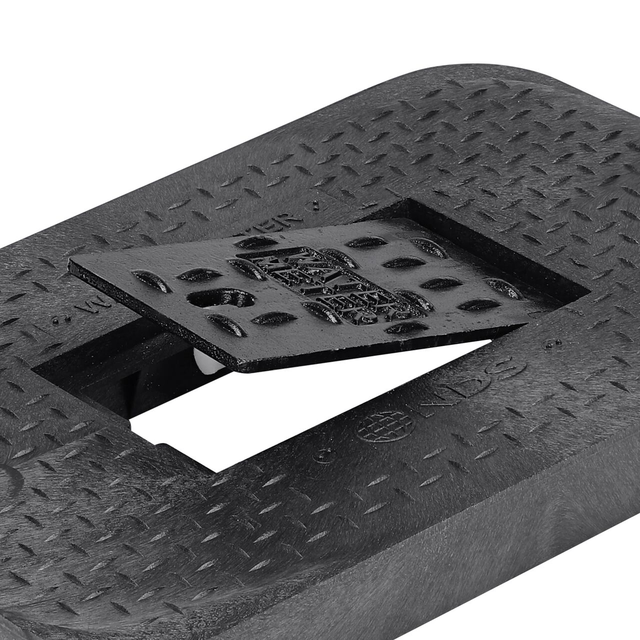 Closeup view of the Cast Iron reader door opened with the finger hole on the Black Water Meter Drop-in cover (NDS D1200-DICIRLID) for the NDS 14 in. X 19 in. Rectangular Standard Series Meter Box