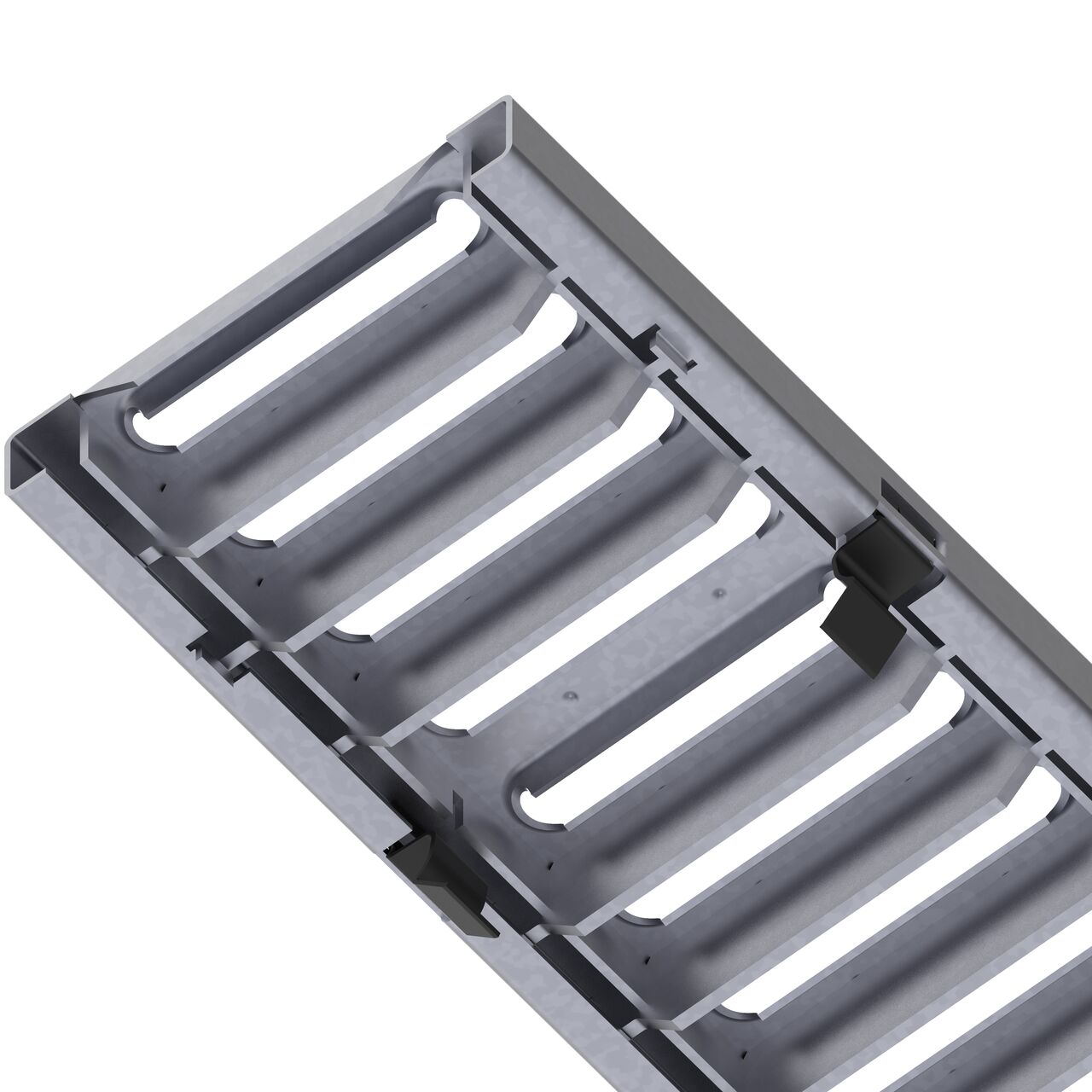 Underside of the class C slotted galvanized steel BG-FILCOTEN® 100 Trench Drain Grate (NDS 17010206) showing part number, support legs, and secure clips