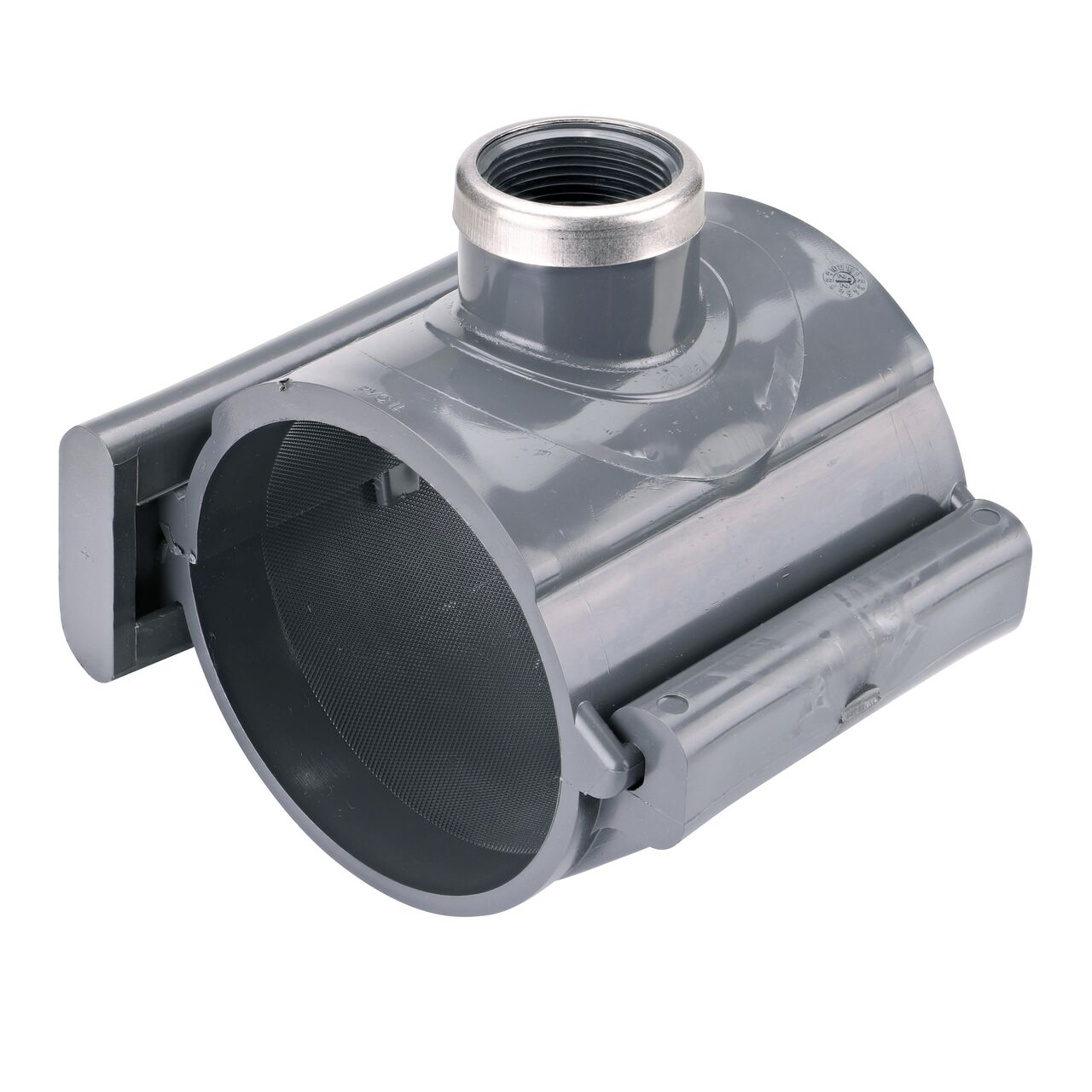 The NDS Clamp-It™ Rigid PVC Saddle with 1-1/4 in. FPT connection on top (NDS 444012) for 4 in. PVC pipe has a patented wedge design on one side and hinge on the other to install a sprinkler irrigation system to existing pipe without any bolts