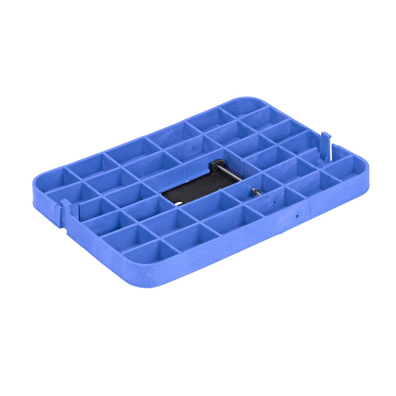 Bottom view of the reinforced ribs and Cast Iron reader door on the NDS 13 in. X 20 in. Blue Water Meter Drop-in cover (NDS D1500-DICIRBLU) that fits the NDS 10 X 15 in. Standard Series Meter Box