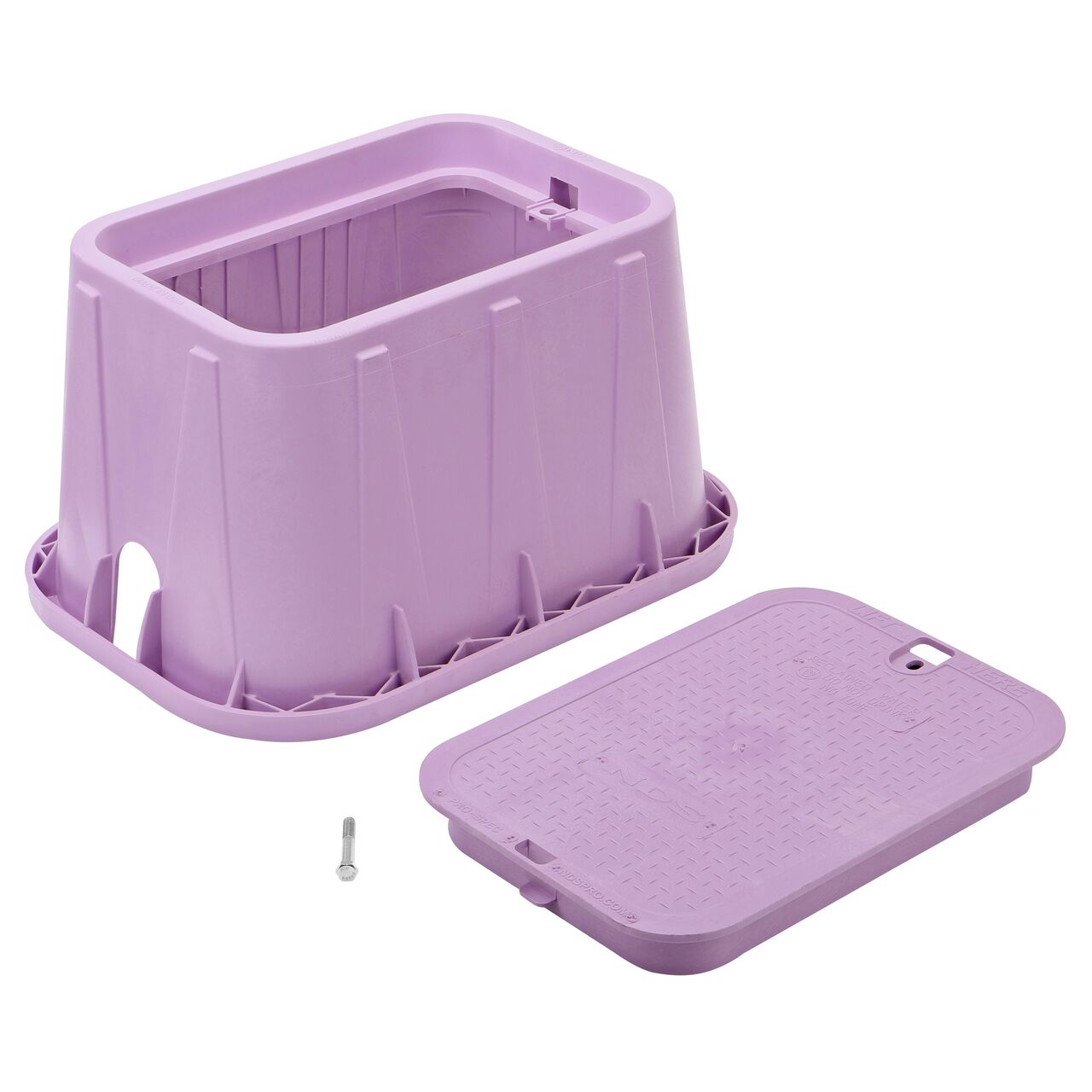 Unassembled View of the NDS 14 in. x 19 in. Purple Rectangular Pro-Spec® Series valve box and Purple Reclaimed Water cover (NDS 314PBCBR)