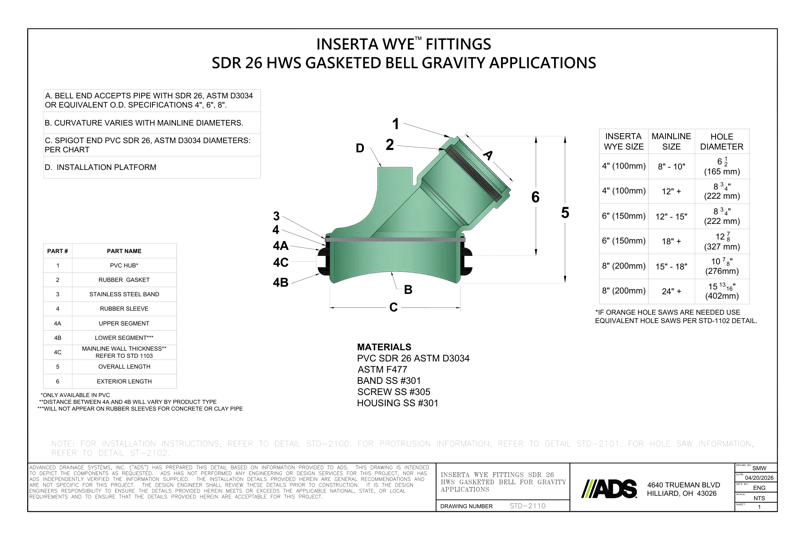 Inserta Wye SDR26 HWS Gasketed Bell for Gravity Applications Detail