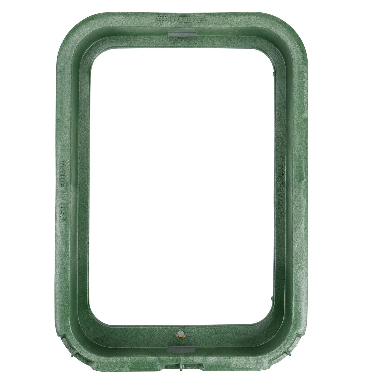 Top down view of the inside of the durable Green Plastic 14 X 19 in. Rectangular Standard Series Valve Box Extension (NDS 114-6) showing bolt hole, and how the valve cover is secured to the valve box