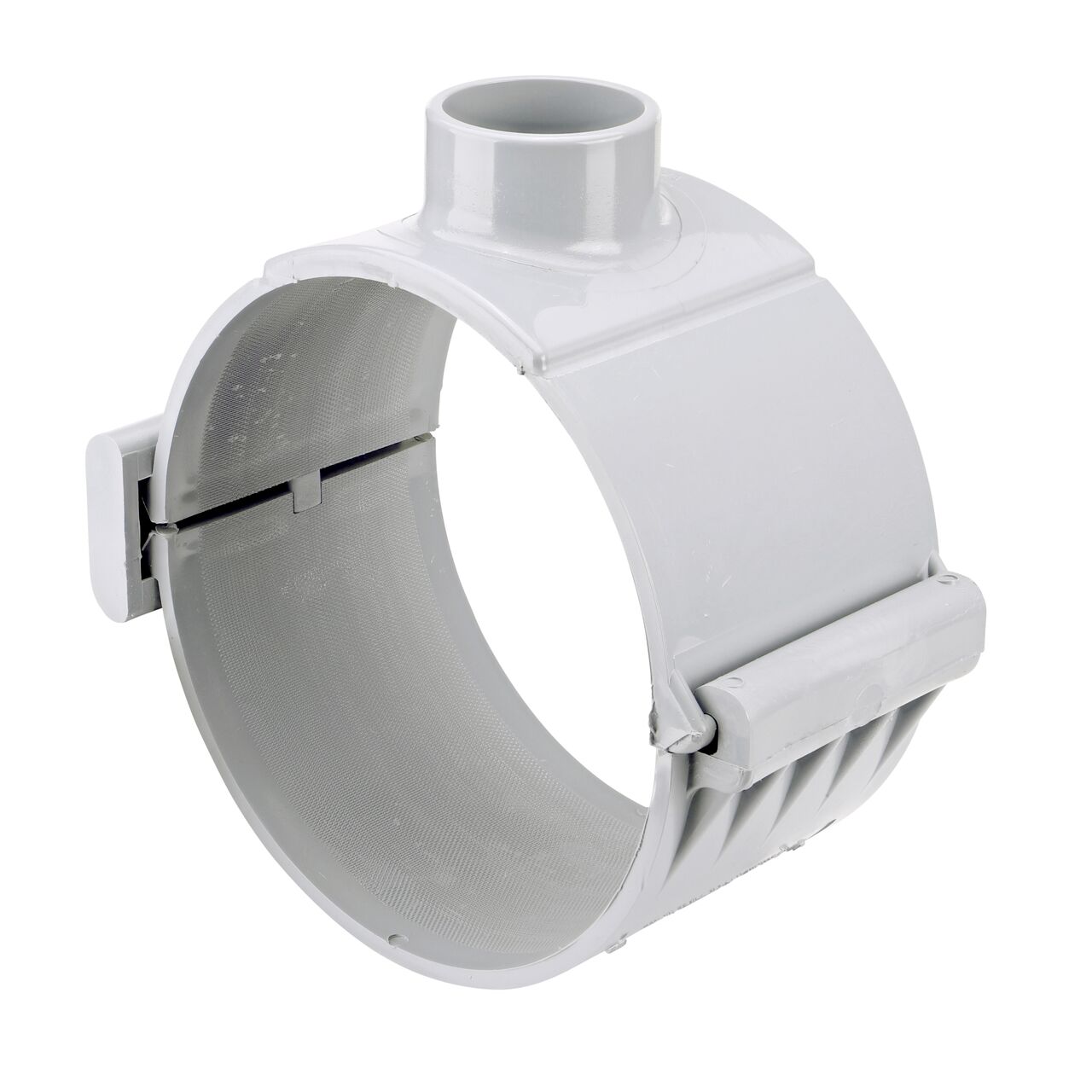 The NDS Clamp-It™ Rigid PVC Saddle with 2 in. slip connection on top (NDS 458020) for 8 in. PVC pipe has a patented wedge design on one side and hinge on the other to install a sprinkler irrigation system to existing pipe without any bolts