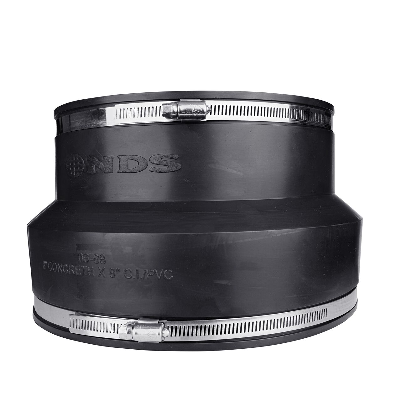 The NDS 8 in. flex coupling, in vertical position, connects concrete pipe to cast iron/plastic pipe and provides leak-resistant seals with virtually any pipe (NDS 06-88)