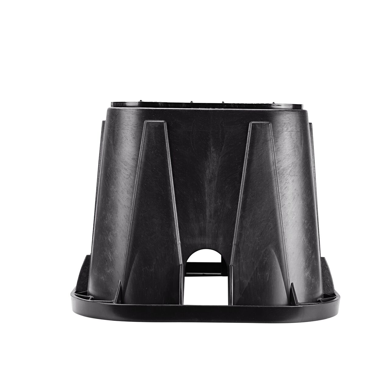 Side view of the shorter width side of the NDS 14 in. x 19 in. Rectangular Pro-Spec® Series Valve Box & Irrigation Control Valve Cover (NDS 313BCBBLK) rugged enclosure that features a pipe hole for water and irrigation pipe connections
