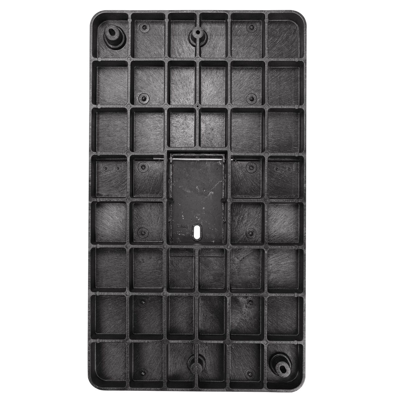 Top down view of the underside side of the Black Water Meter cover (NDS 126BCDMCIFB) for the NDS 17 in. X 30 in. Rectangular Pro Series Meter box, showing reinforcing ribs that are load rated to withstand pedestrian traffic and and the hinged reader door for easy access