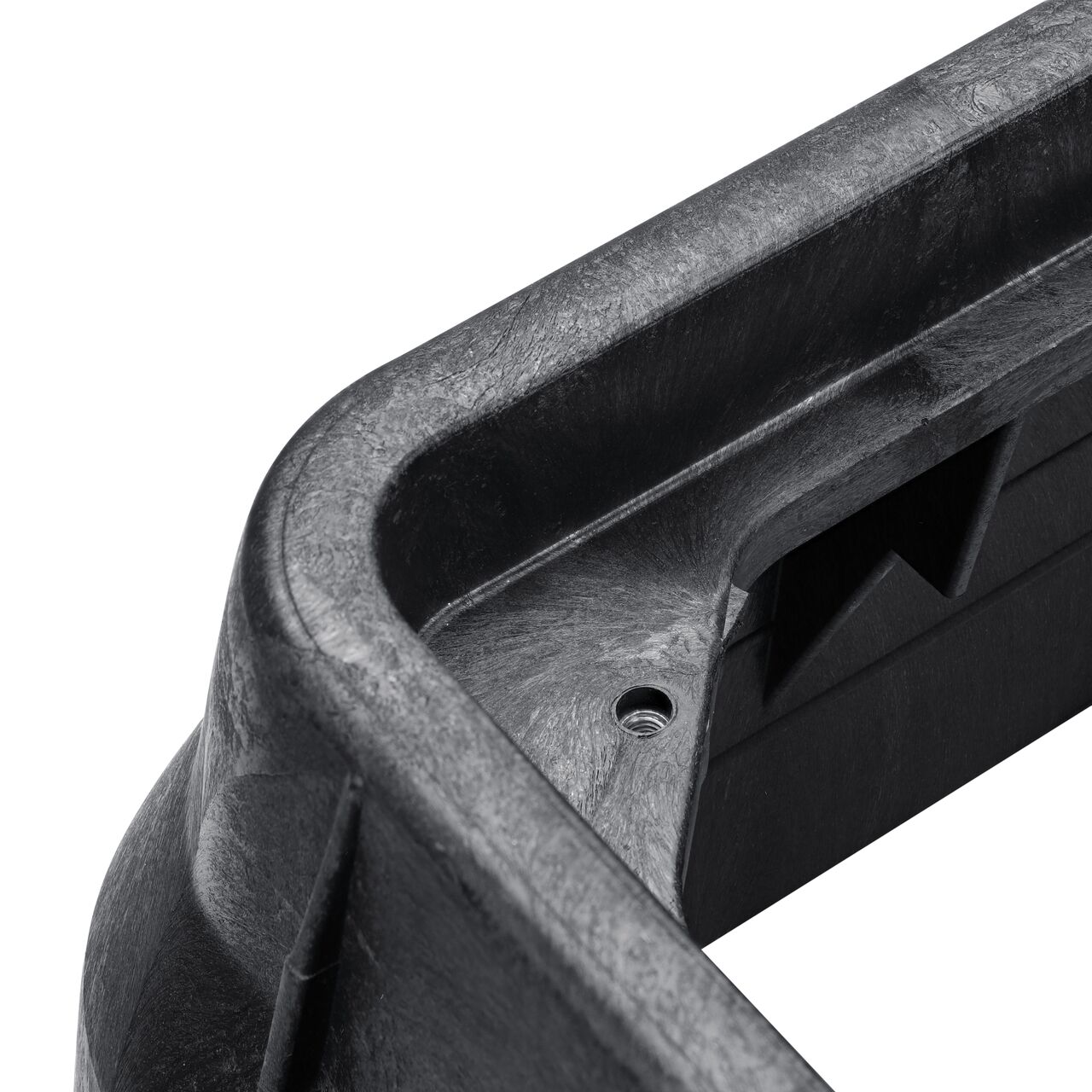 Closeup view of the bolt hole on the Black NDS 17 in. X 30 in. Rectangular Pro Series Meter Box (NDS 124BCDWB) for securing lid or cover to the box