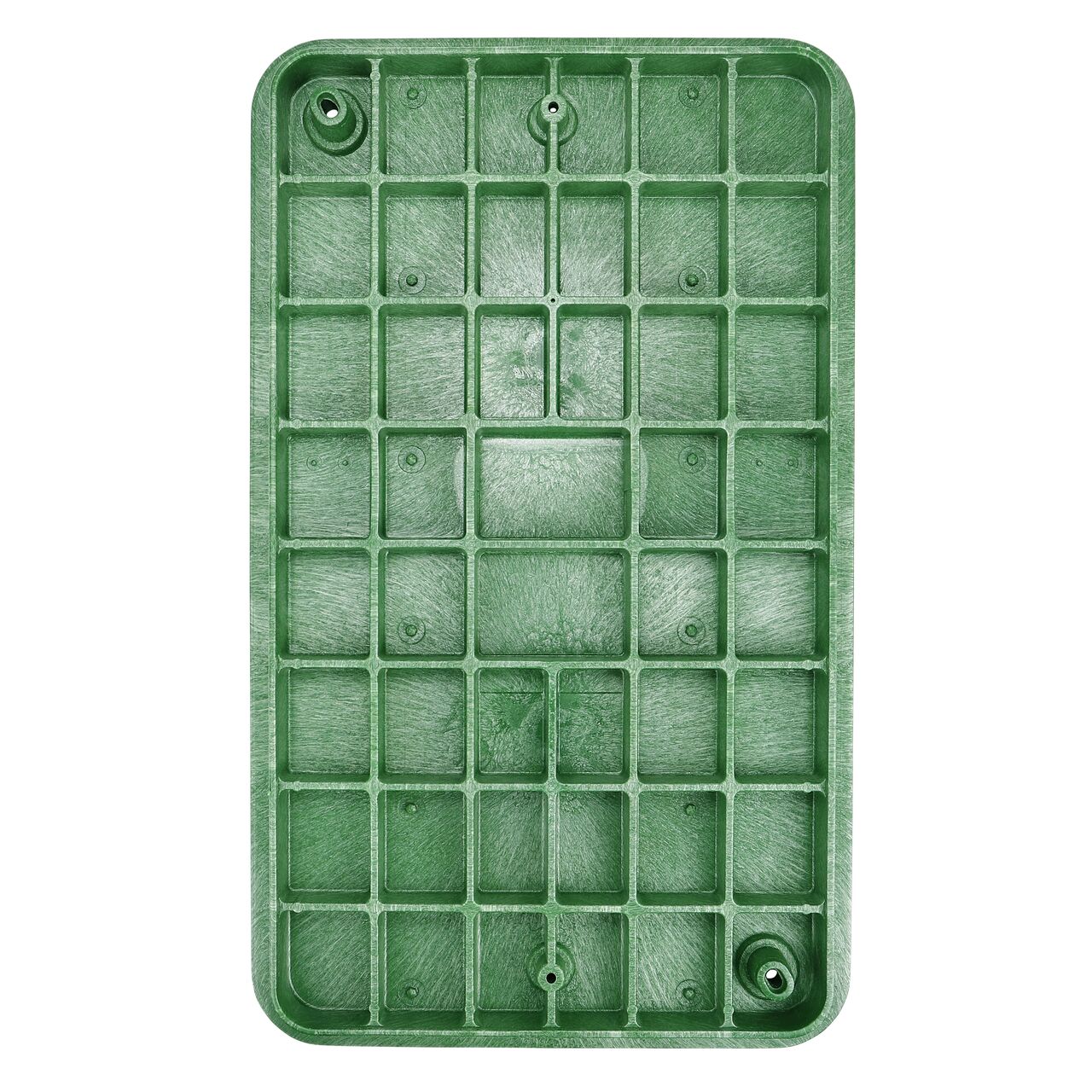 Top down view of the underside of the Green Sewer cover (NDS 323CS) for the NDS 17 in. X 30 in. Rectangular Pro-Spec® Series Valve box showing reinforcing ribs that help support pedestrian and lawn care equipment