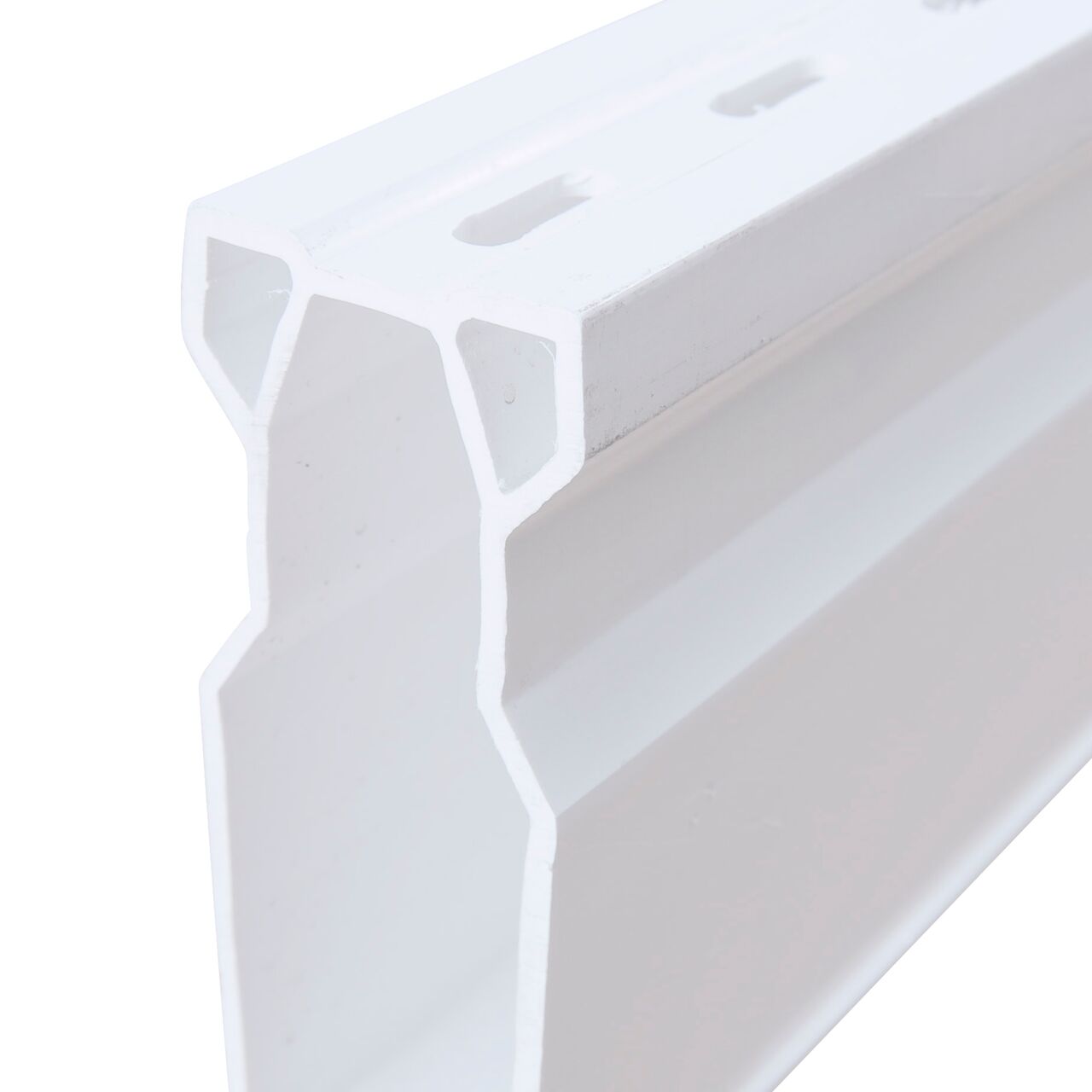 Closeup view showing end of the Micro Channel™ Drain & Integrated Grate, White Plastic (NDS 8001-5*, NDS 8001)