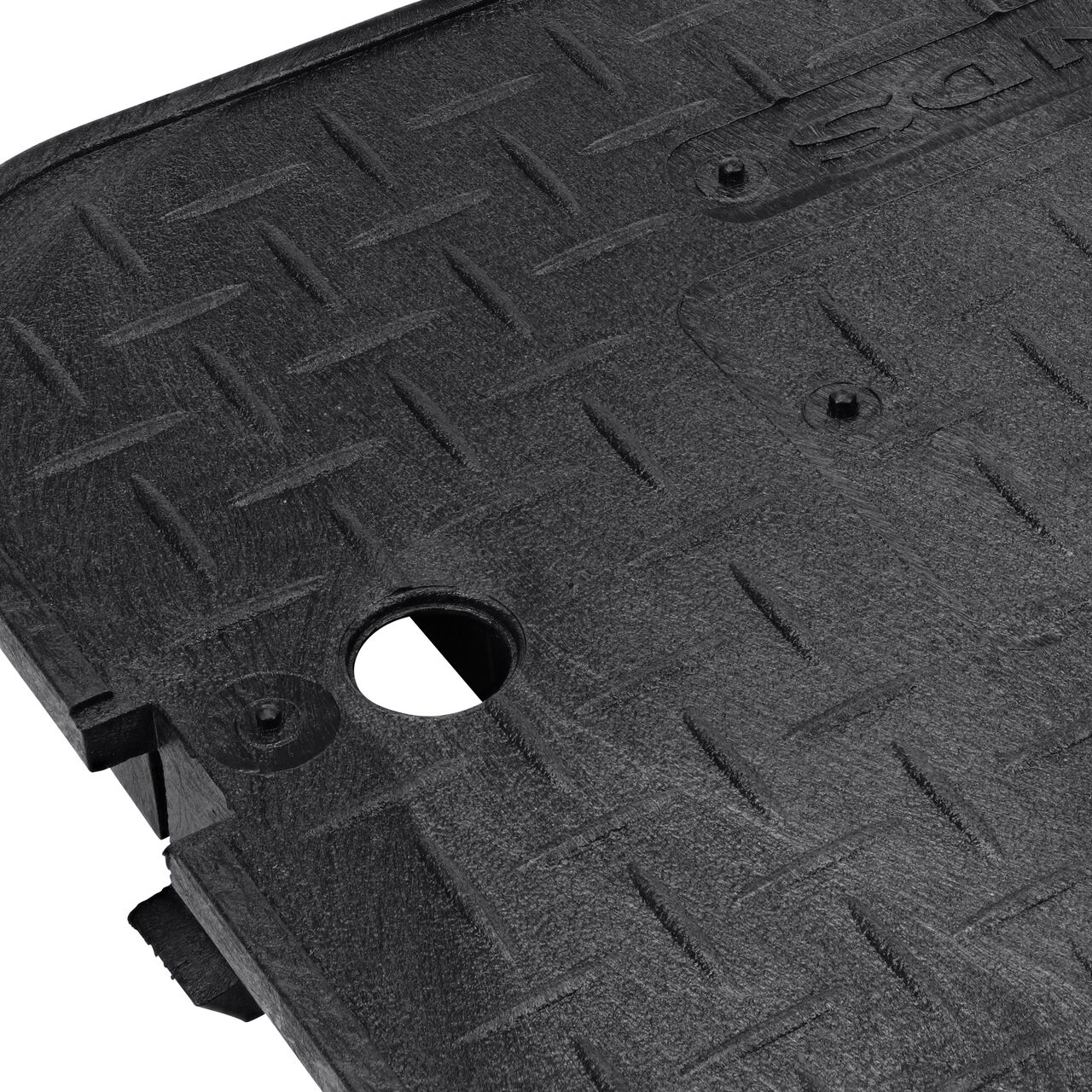 Closeup view of the finger hole and clasp on the Black Water Meter Overlapping cover (NDS D1200-OLSBL) for the NDS 14 in. X 19 in. Rectangular Standard Series Meter Box