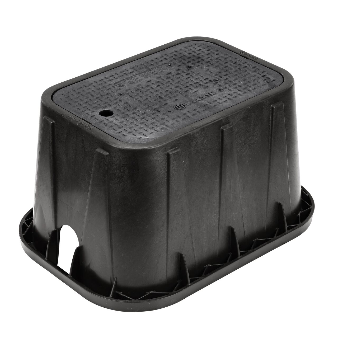 The NDS 14 in. X 19 in. Rectangular Standard Series Meter Box and Cover is a 12 in. high Black Box and Black Cover with Sewer markings on the Drop-in lid (NDS D1200-DISBSWR) and protects underground irrigation and sprinkler system components and keeps them out of sight