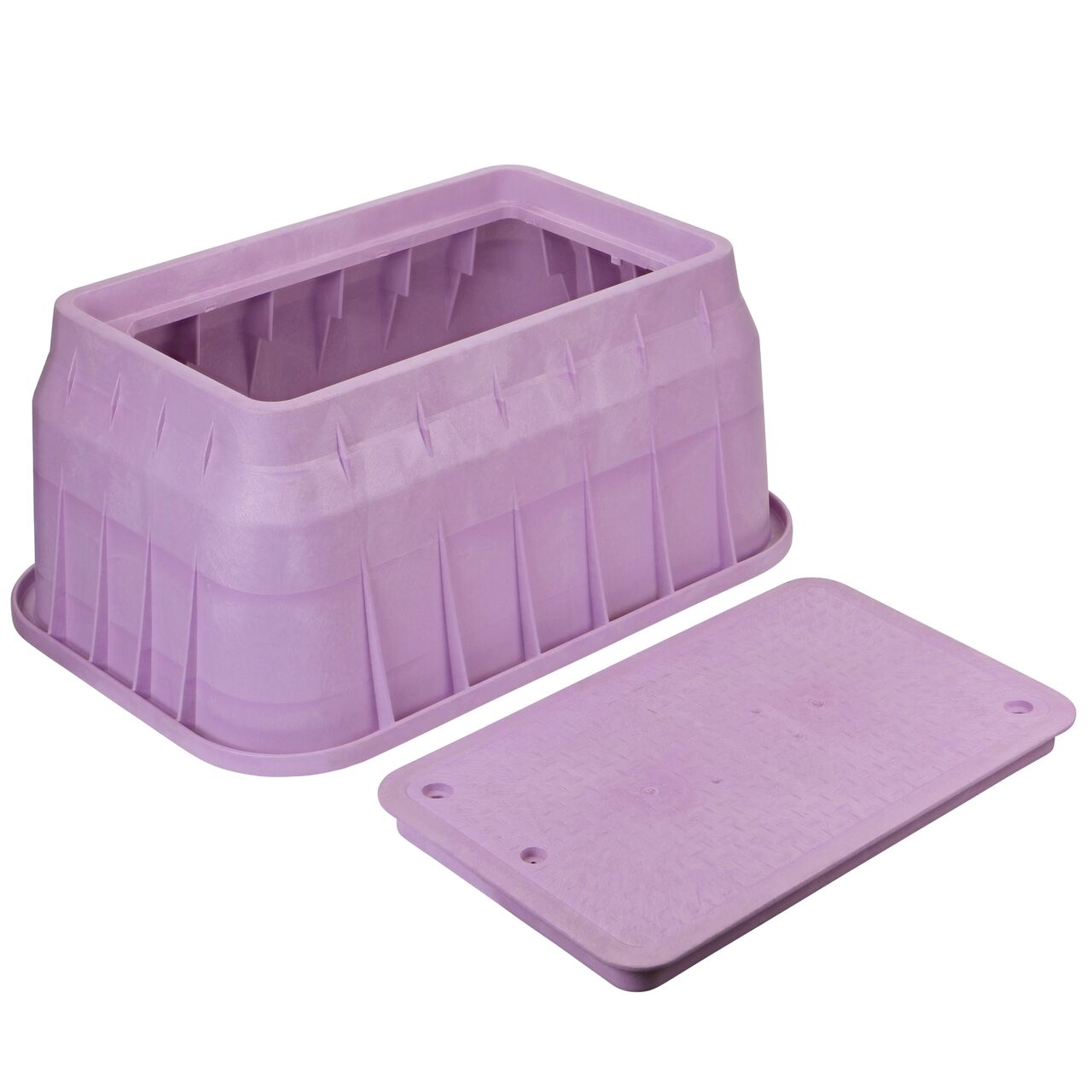 Unassembled View of the NDS 17 in. X 30 in. Purple Rectangular Pro-Spec® Series valve box, bolt, and Purple Water overlapping cover (NDS 326PBCBR)