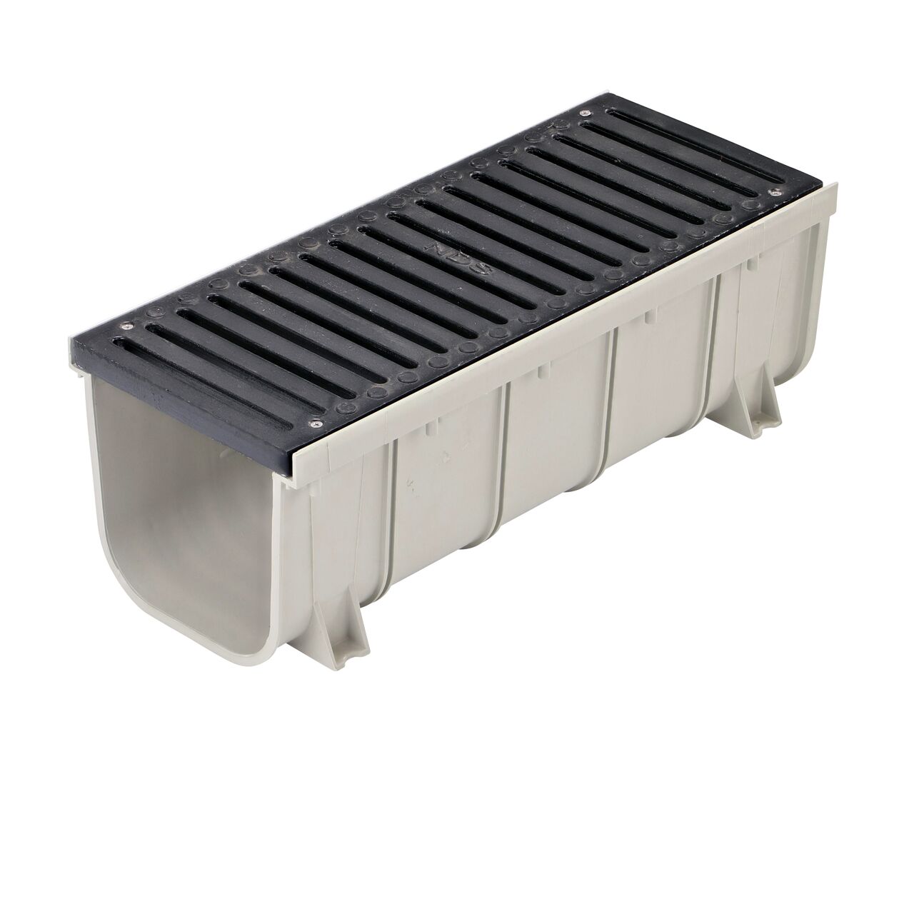 One 8 in. Pro Series Channel Drain Grate made of Ductile Iron (NDS 888), on one 8 in. Pro Series Channel Drain, Deep Profile (NDS 833)