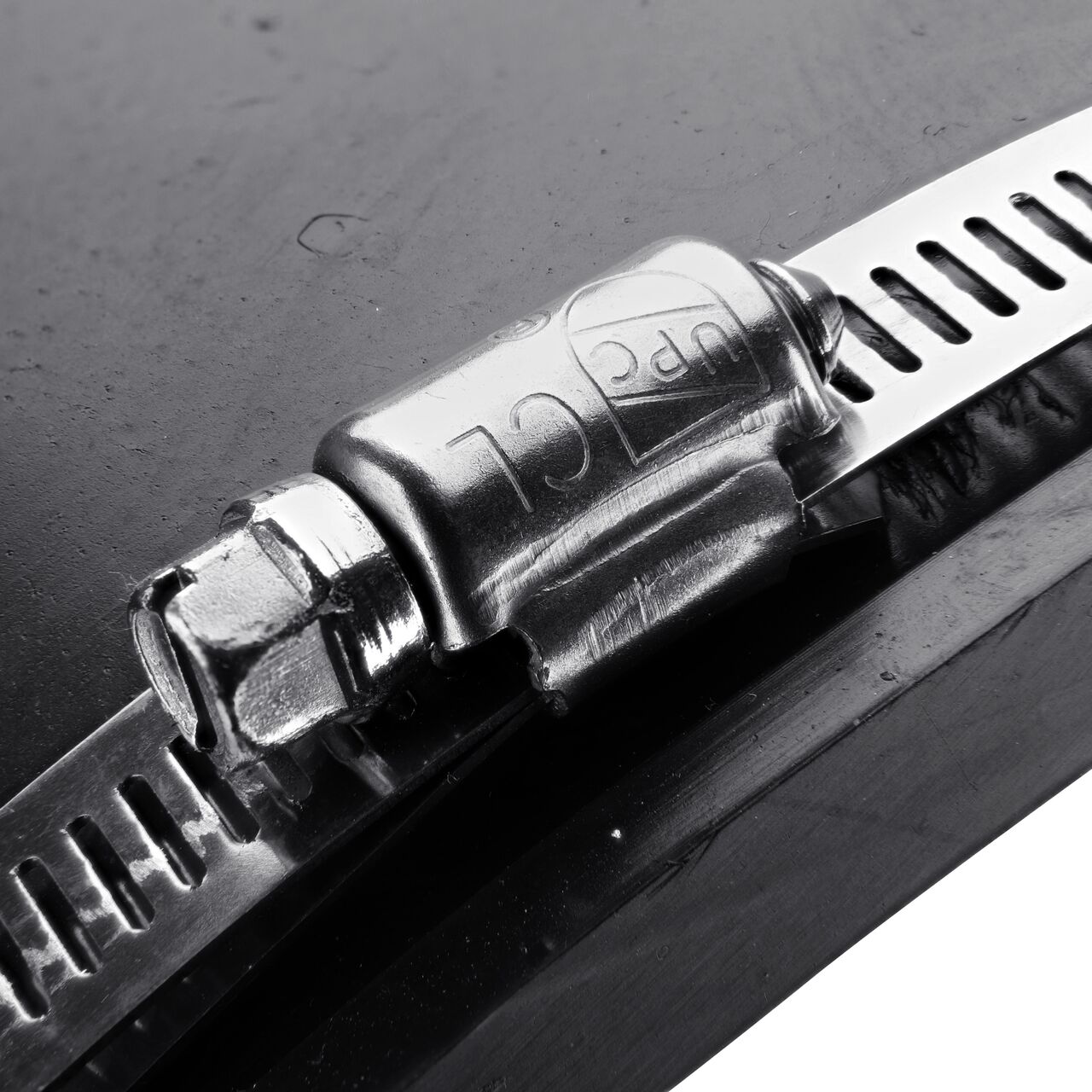 Closeup view of the large end on the NDS 10 in. flex coupling connects two cast iron/sewer and drain or DWV/copper/steel/lead pipes (NDS 56-1010)