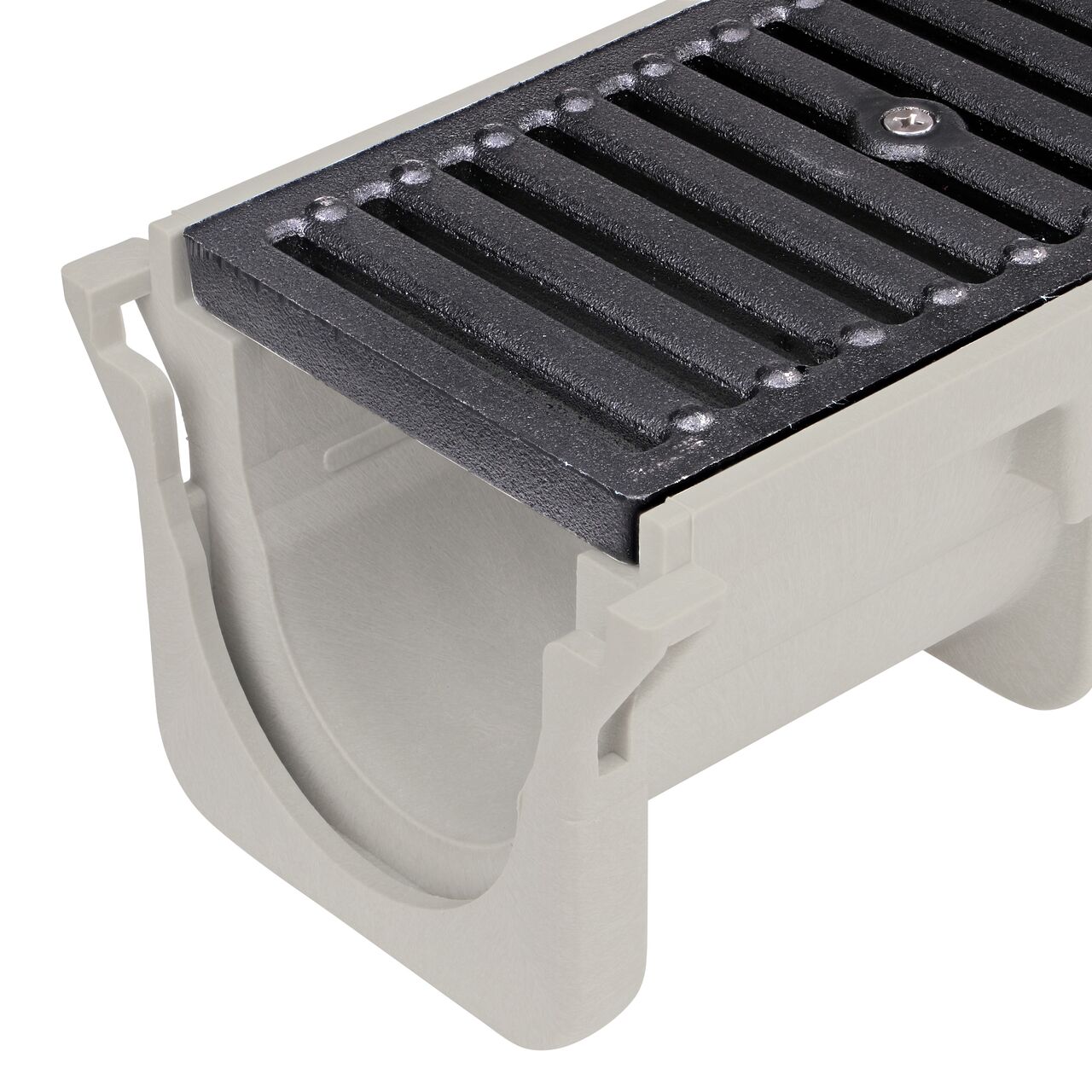 Close up on the female end of the NDS Dura Slope Heavy Duty Cast Iron Channel Grate (NDS DS-231) and drain (NDS DS-091)