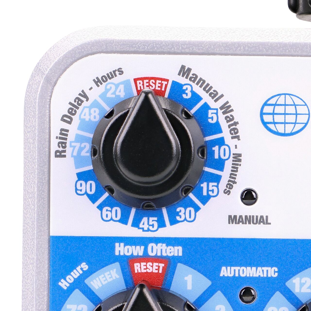 Closeup straight on view of the manually override dial for Rain Delay or Manual Watering without changing your programming on the NDS Automatic Water Timer (NDS A675CT)