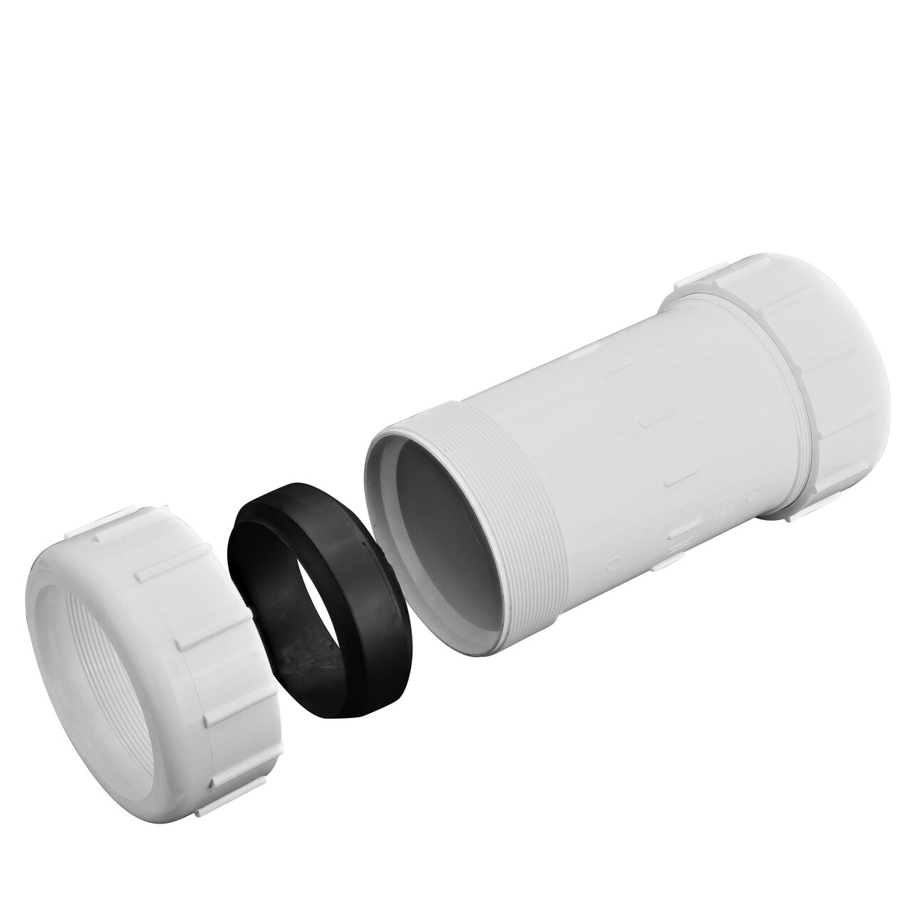 One unassembled end and one assembled end on the PVC Compression Coupling 4 in. IPS UC showing the Santoprene gasket and adjustable nut that tightens and secures to pipes providing a leak-resistant connection (NDS CPC-4000)