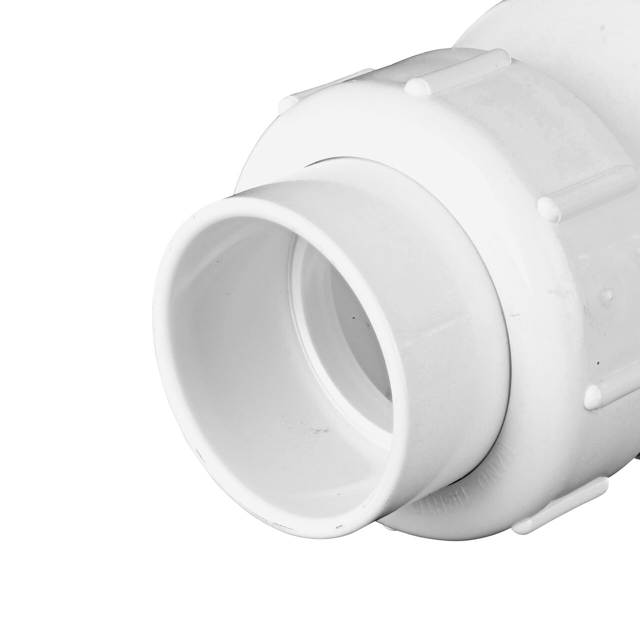 Closeup of the outlet end of the NDS White 2 in. union end by union end PVC True Union Swing Check Valve (NDS 1720-20) which prevents backflow in pipelines
