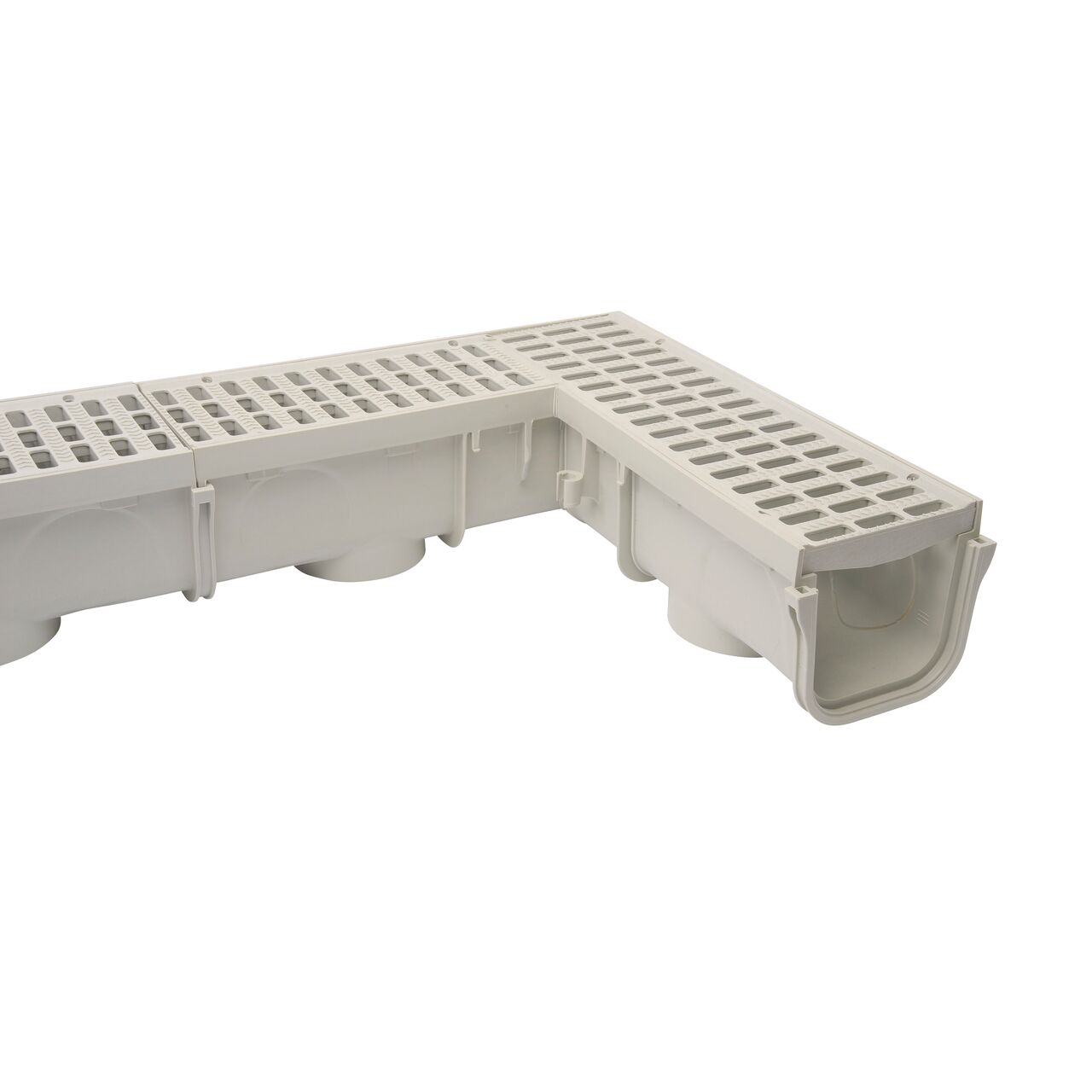 Close-up of the 90° Elbow connected to NDS 5 in. Pro Series Deep Profile Channel Drain (NDS 800, NDS 861)
