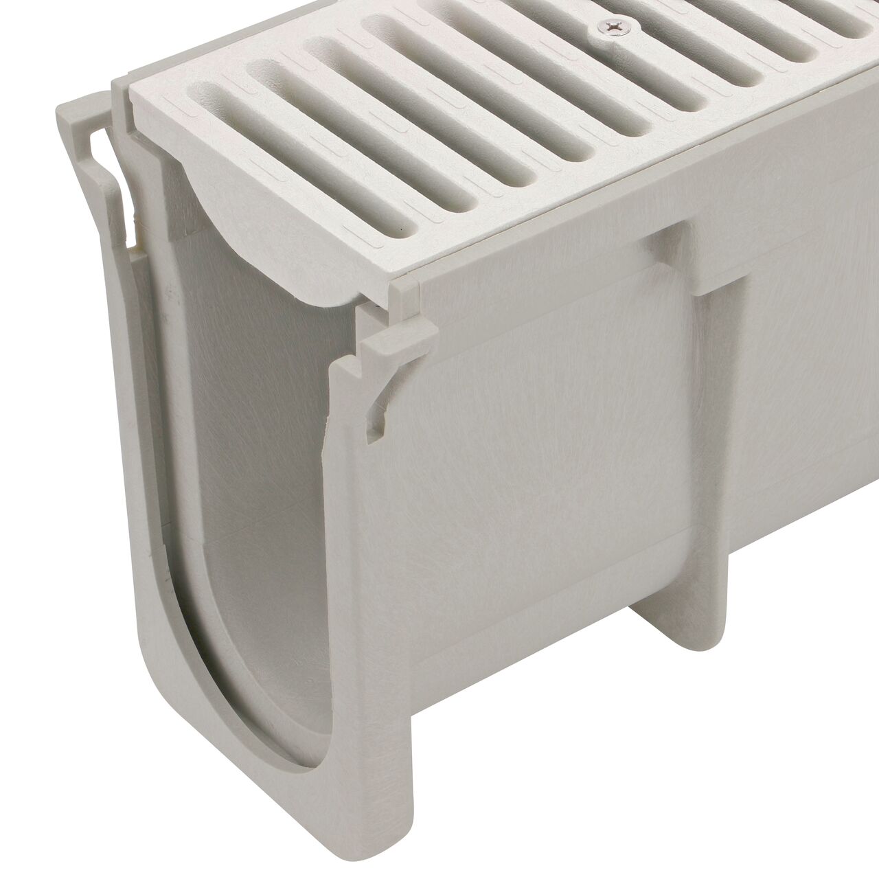 Closeup groove (female) side of the NDS 8.37 in. Deep Dura Slope Channel Drain (NDS DS-103N) with the Standard Dura Slope Light Gray Grate installed (NDS 661LG)