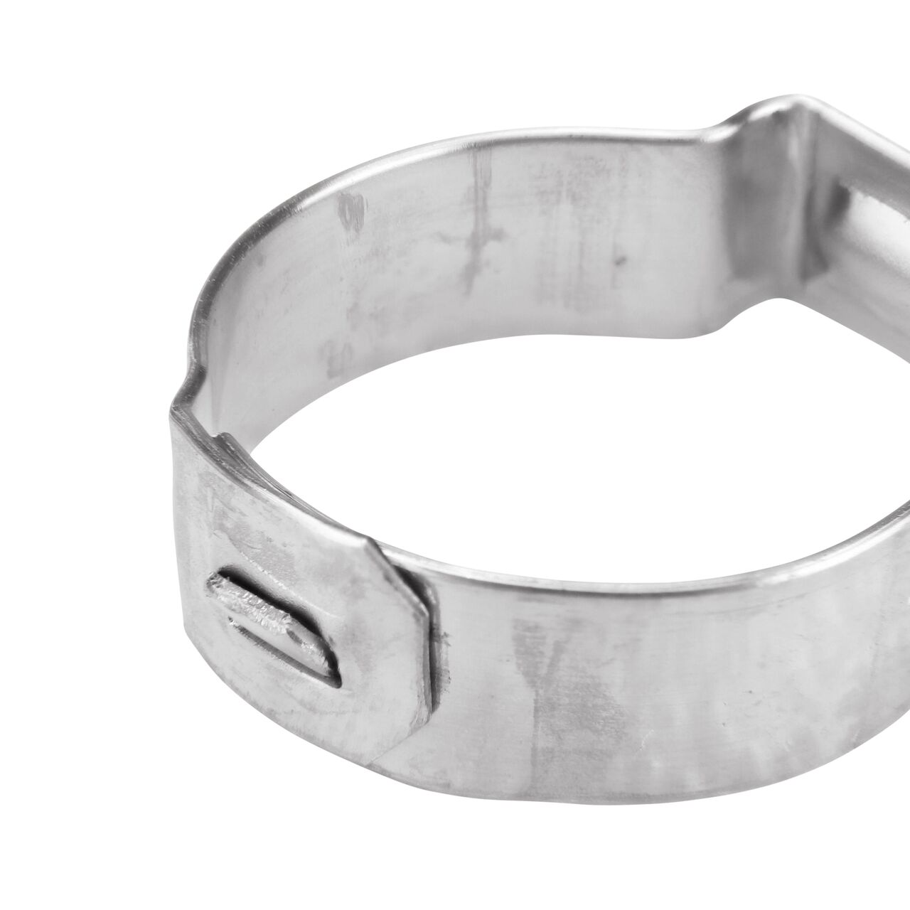 Closeup of NDS 198R Stainless Steel Pinch Clamp mechanical interlock that keeps clamp in place (NDS NC-155000-011)