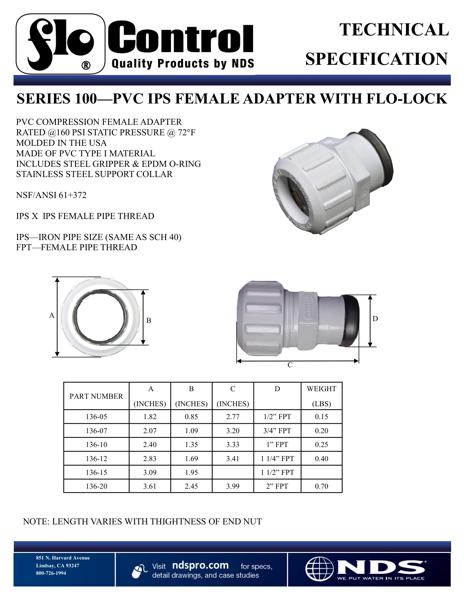 NDS Flo-Lock™ PVC Gripper Adapter IPS FPT Tech Spec