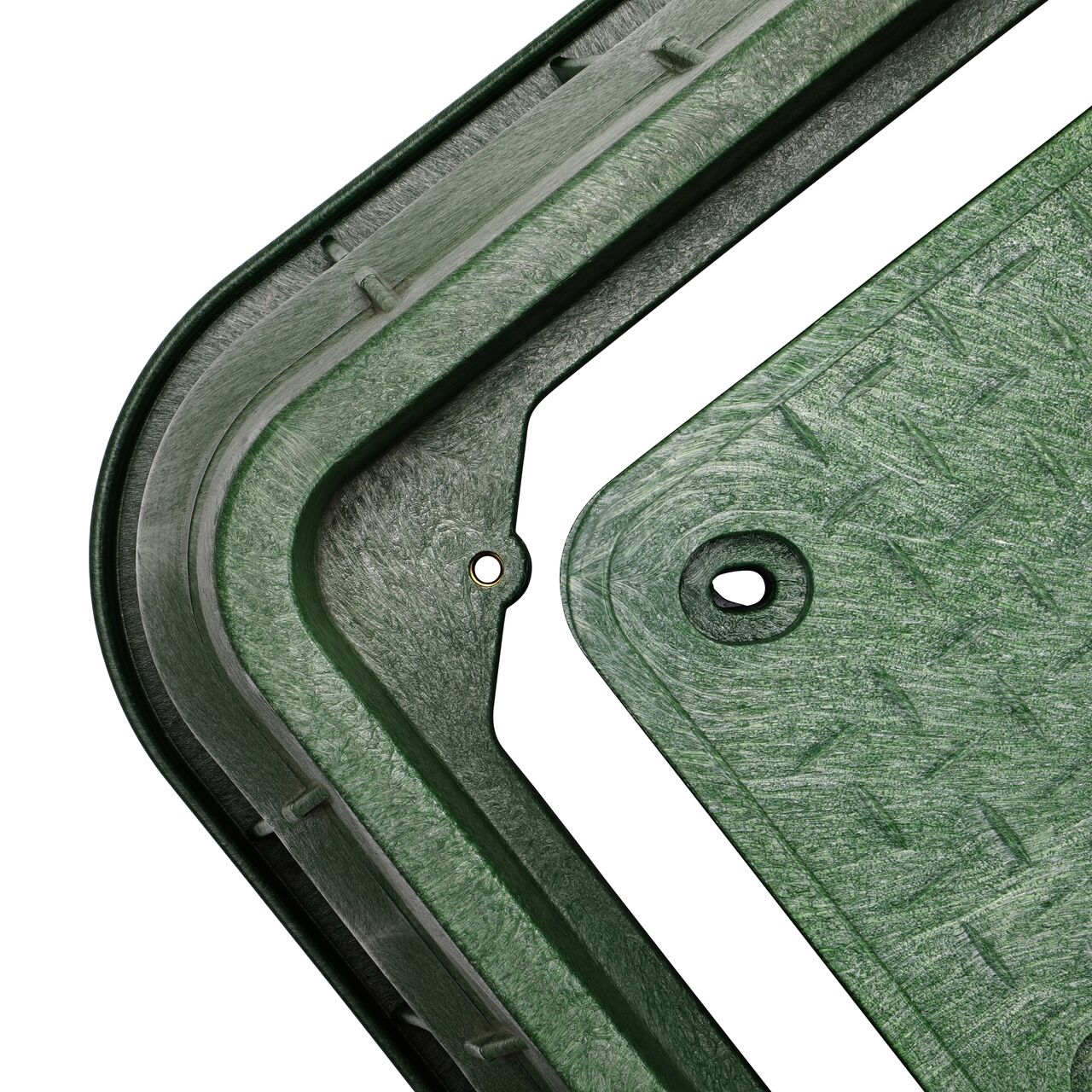 Align the bolt hole on the lid with the bolt hole from the NDS 17 in. X 30 in. Rectangular Pro-Spec® Series Black Box and Green Irrigation Control Valve Cover (NDS 324BCDB) for a secure fit