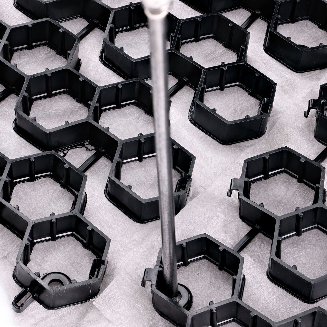 Set the NDS EZ Roll Gravel Paver Stake (NDS GPSTAKE) into the stake hole to secure the NDS EZ Roll Gravel Pavers (NDS GP4X150)
